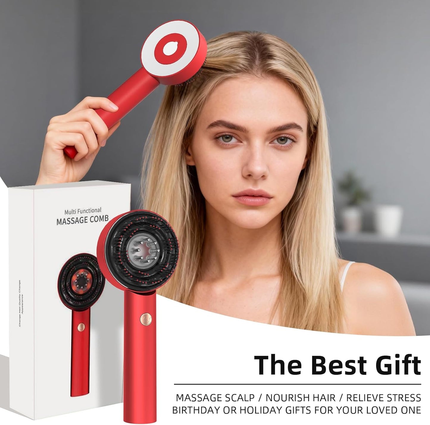 Electric Scalp Massager - 3 in 1 Hair Oil Applicator & Waterproof Brush | Cordless Portable Device for Hair Growth - Red