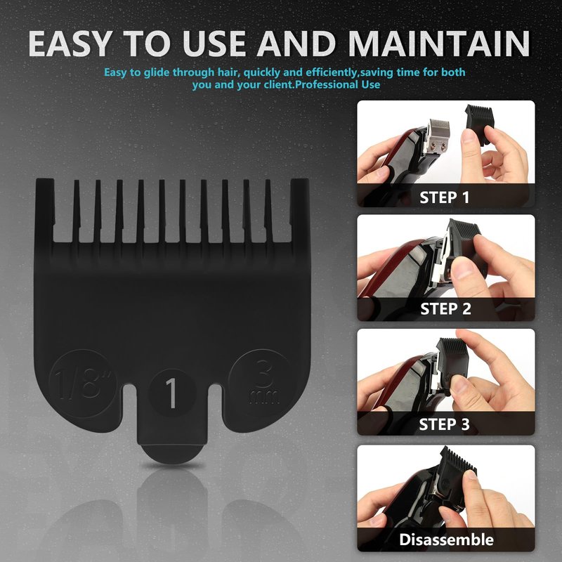 Replacement for Wahl Professional #1 Guide Comb Attachment No.1 1/8" (3.0mm) and Color Coded Clipper #1/2, 1/16", 1.5mm -Black
