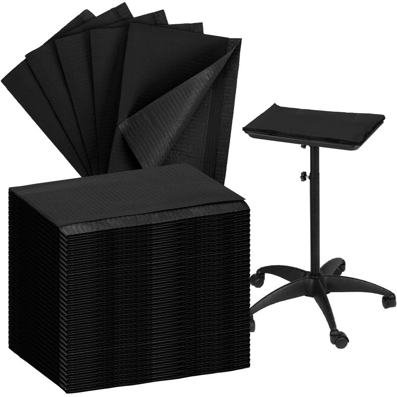 Chivertion 100 Pcs Disposable Salon Tray Cover 13 x 18 Inch Dental Bibs Tattoo Table Covers 3 Ply Waterproof for Nail Salon, Dental Clinic, Feeding, Tattoo Shop(Black)