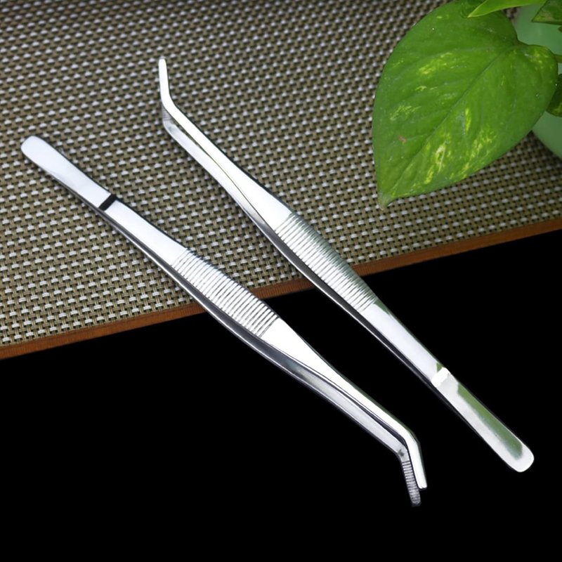 Precision Curved Tweezers - 5.5 Inch Bent Tip Metal Forceps for Jewelry, Sewing & Cooking | Serrated Flat Tips, Knurled Handles