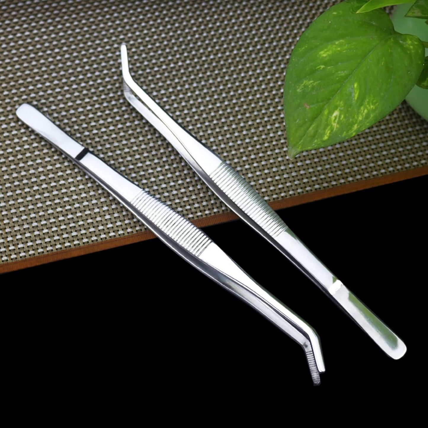 Precision Curved Tweezers - 5.5 Inch Bent Tip Metal Forceps for Jewelry, Sewing & Cooking | Serrated Flat Tips, Knurled Handles