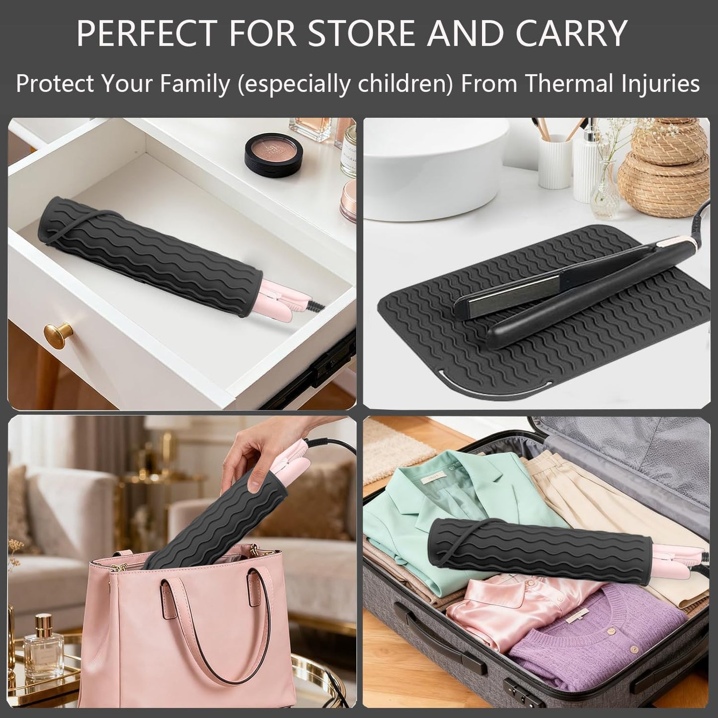 Silicone Heat Resistant Mat, Portable Travel Mat Cover for Curling Irons, Flat Irons, Hair Straightener and Hot Hair Styling Tools (Black, S)