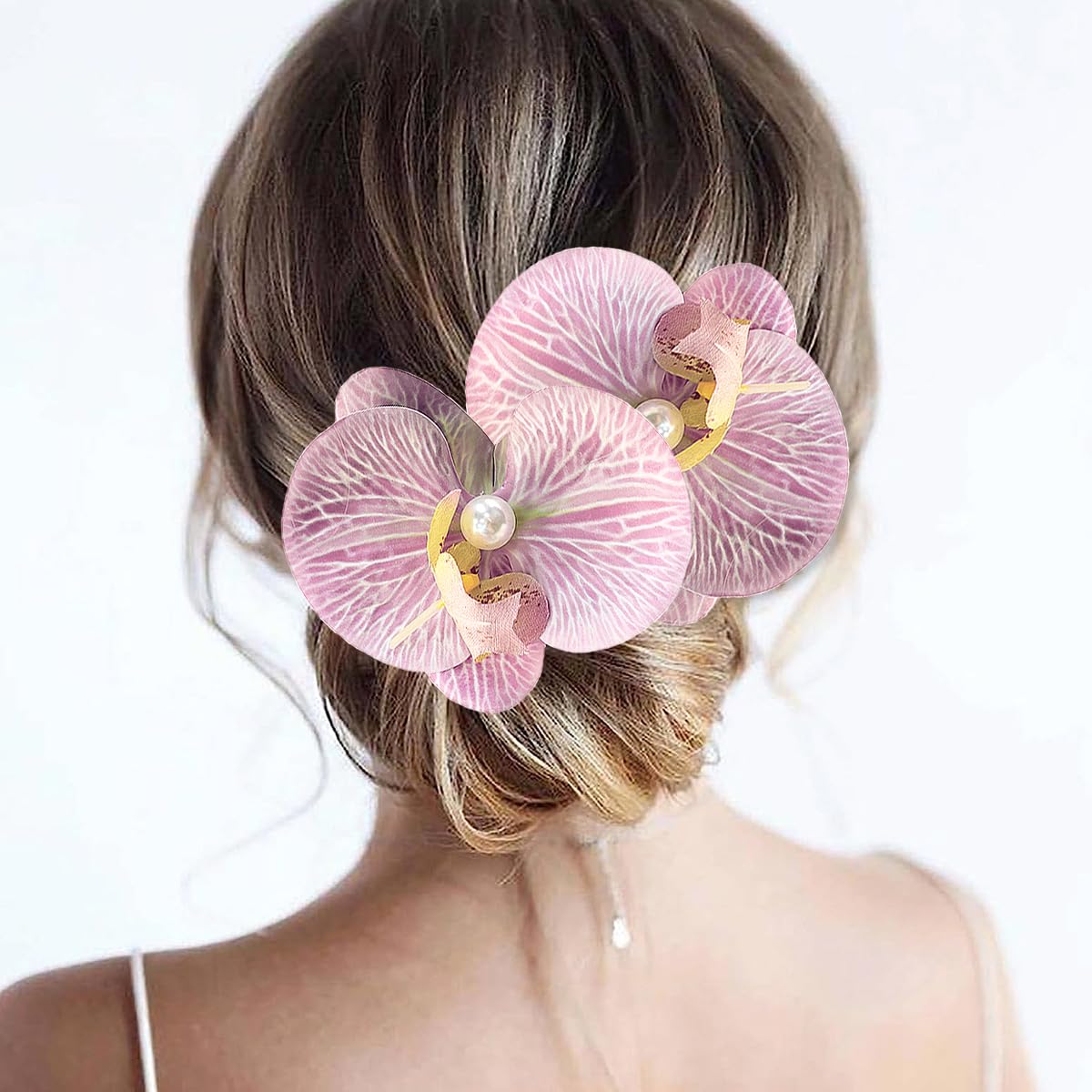 Boho Orchid Hair Clips - 2pcs Artificial Phalaenopsis Barrettes | Bridal Beach Party Accessories (Blue)