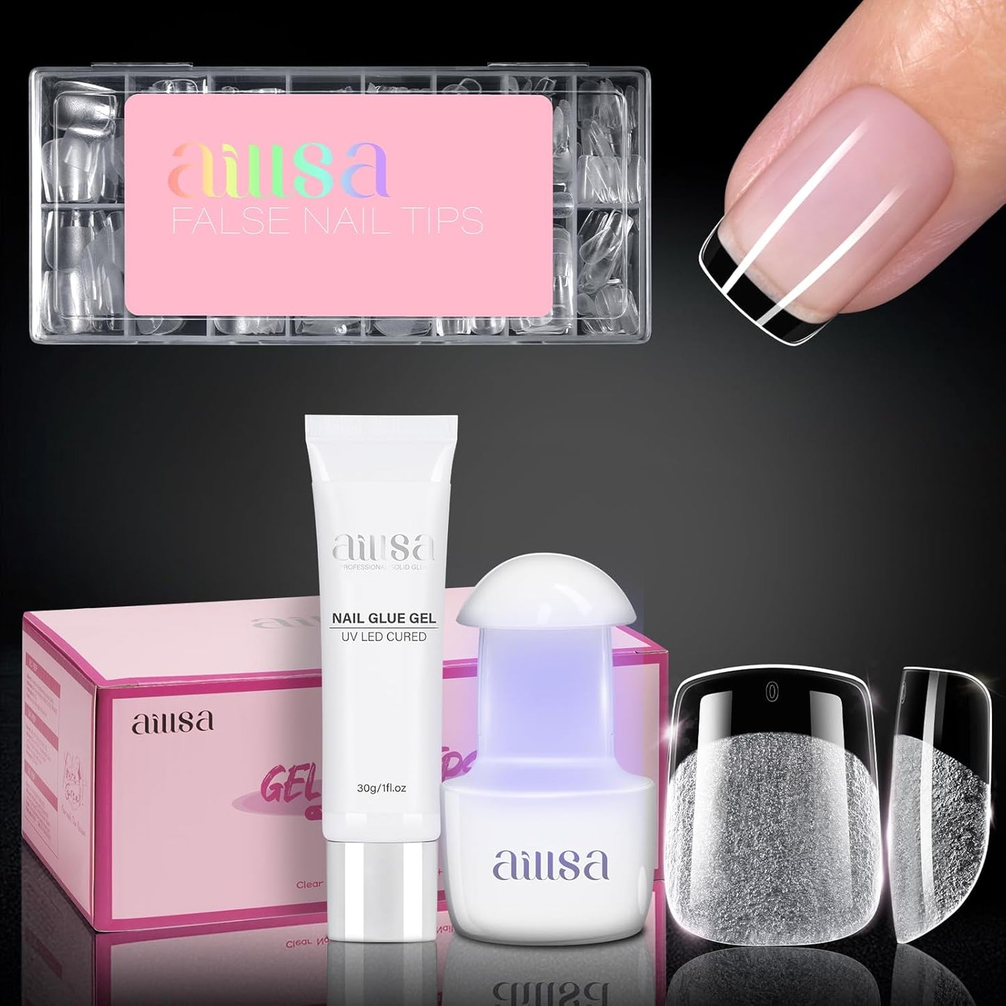 Nail Extension Kit - Medium Almond Nail Tips 224pcs | Solid Gel Glue 30g & Nail Lamp for DIY Home Salon
