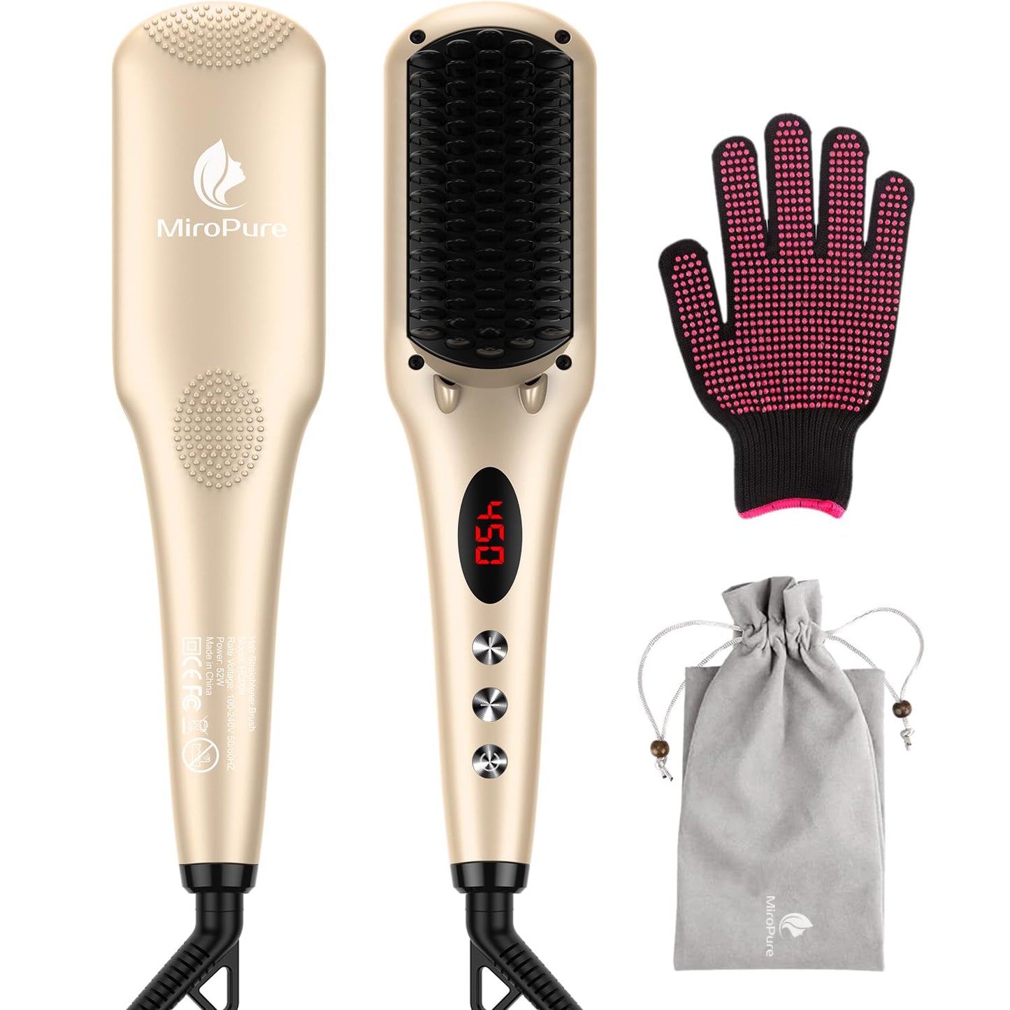 MiroPure Enhanced Ceramic Hair Straightener Brush - 2-in-1 Ionic Styling Tool with Anti-Scald & Auto-Off Features | Black