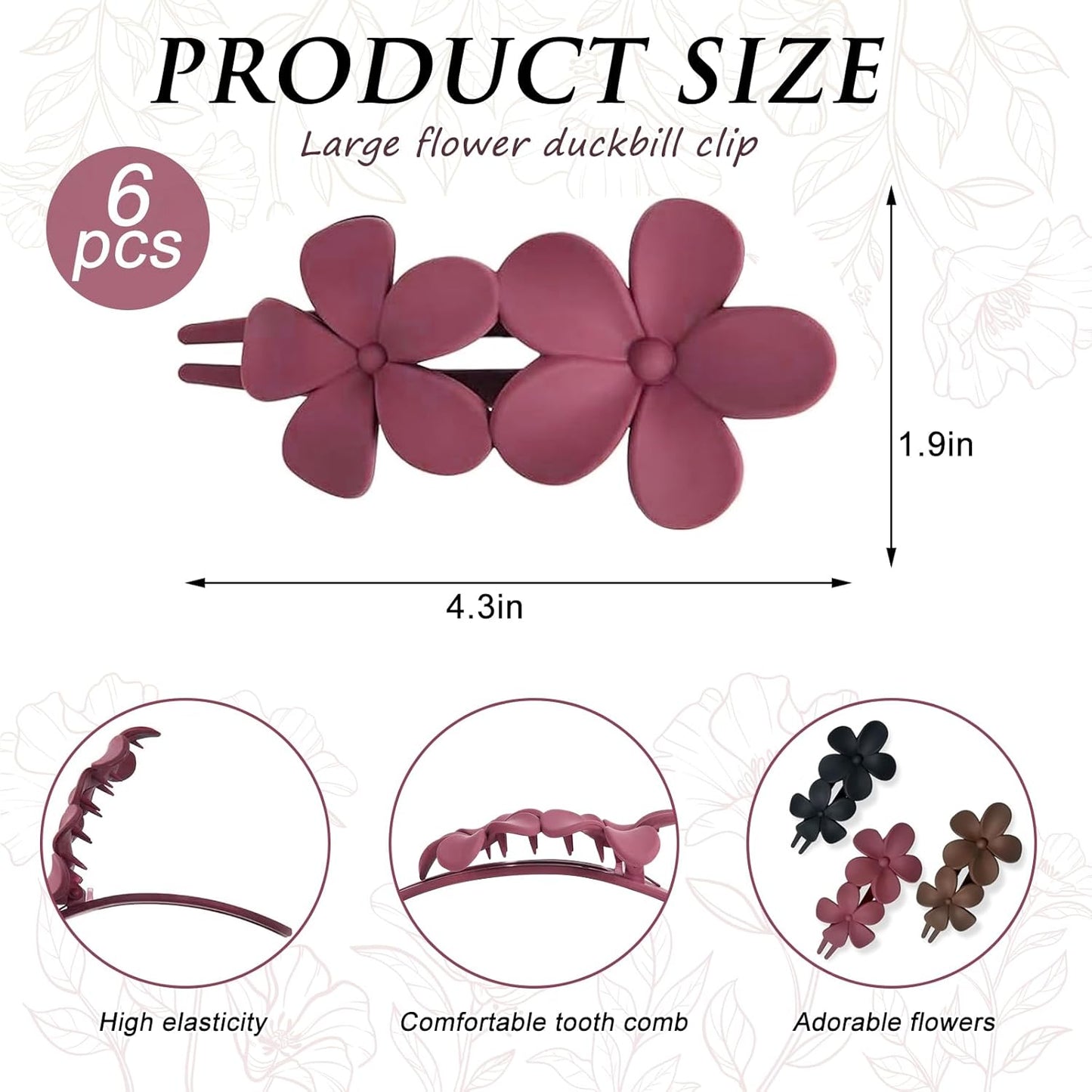 Flower Hair Clips - 6 Pcs Matte French Barrettes | Non-Slip Elegant Hair Accessories for All Hair Types