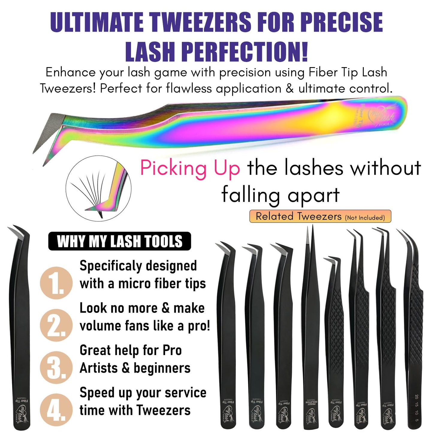 Fiber Tip Lash Tweezer Axe Tip – Mega Volume Boot Tweezer for Eyelash Extensions, Precision Stainless Steel, Non Slip Grip, Lash Tool for Volume Fans, Classic & Mega Volume Lashes (Rainbow)