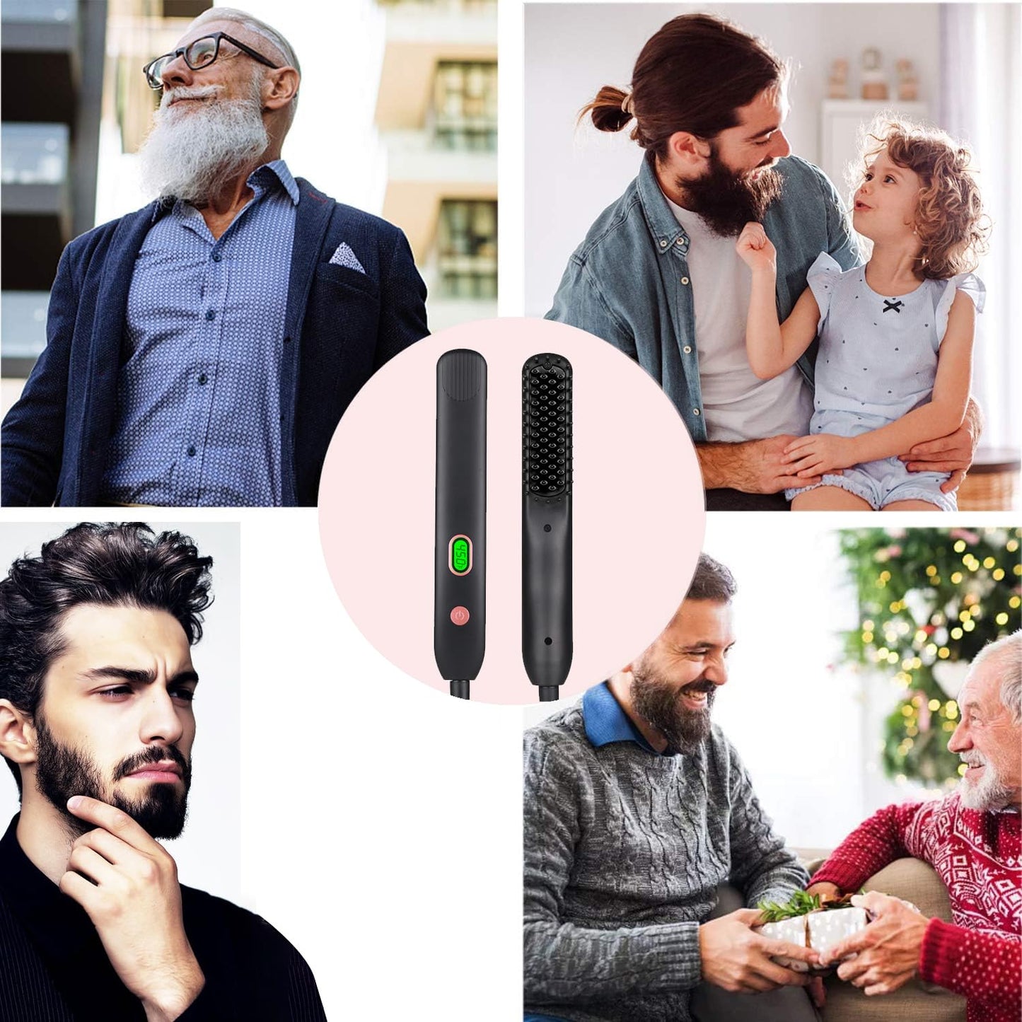 BenRich Beard Straightener for Men, Ceramic Ionic Heated Beard Brush, Anti-Scald, 5 Temp LCD Display, Electric Beard Styler, Travel Home Use, Gifts for Men Husband Birthday, Father's Day, Anniversary