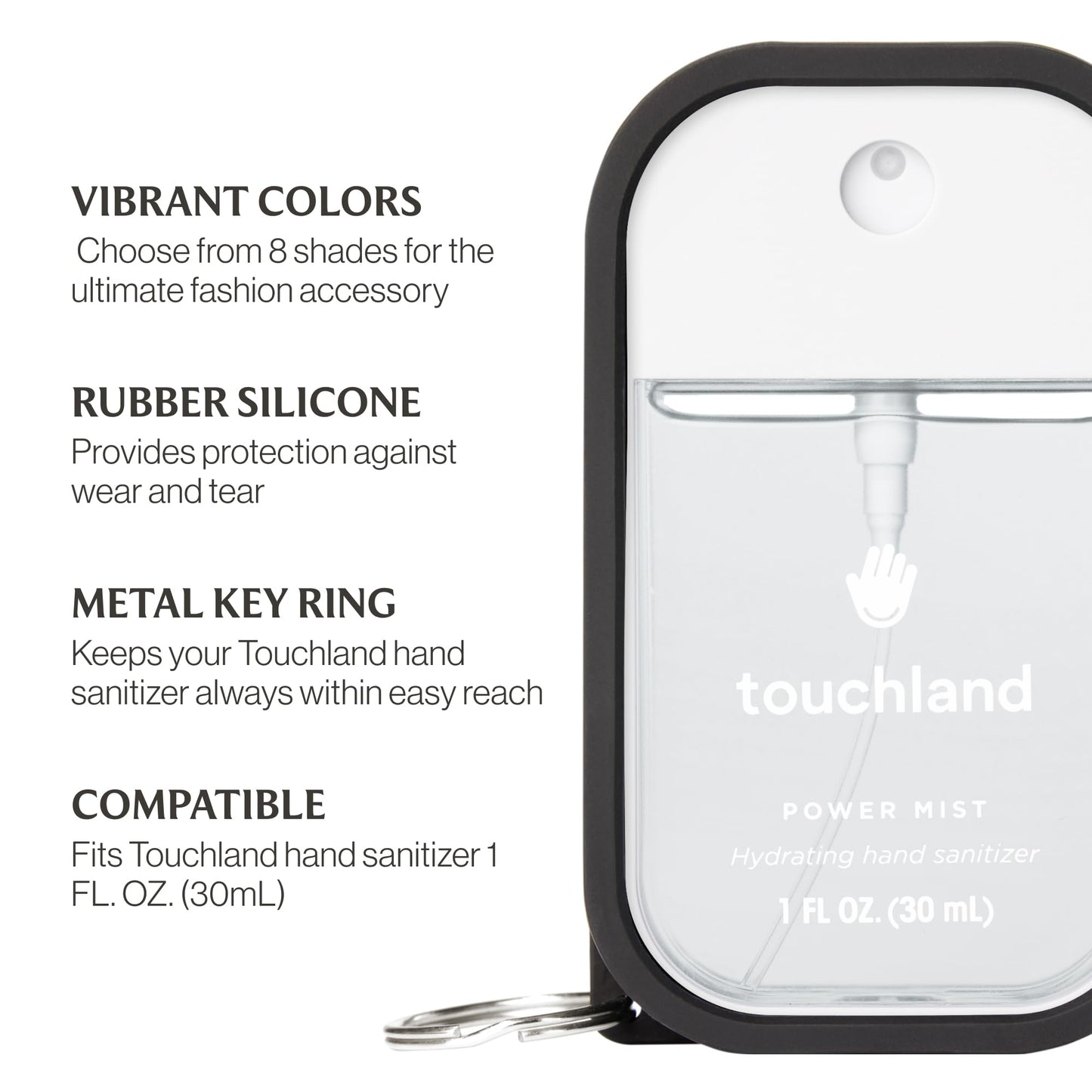 Touchland Silicone Hand Mist Case with Keyring, 1 FL OZ - Jet Black