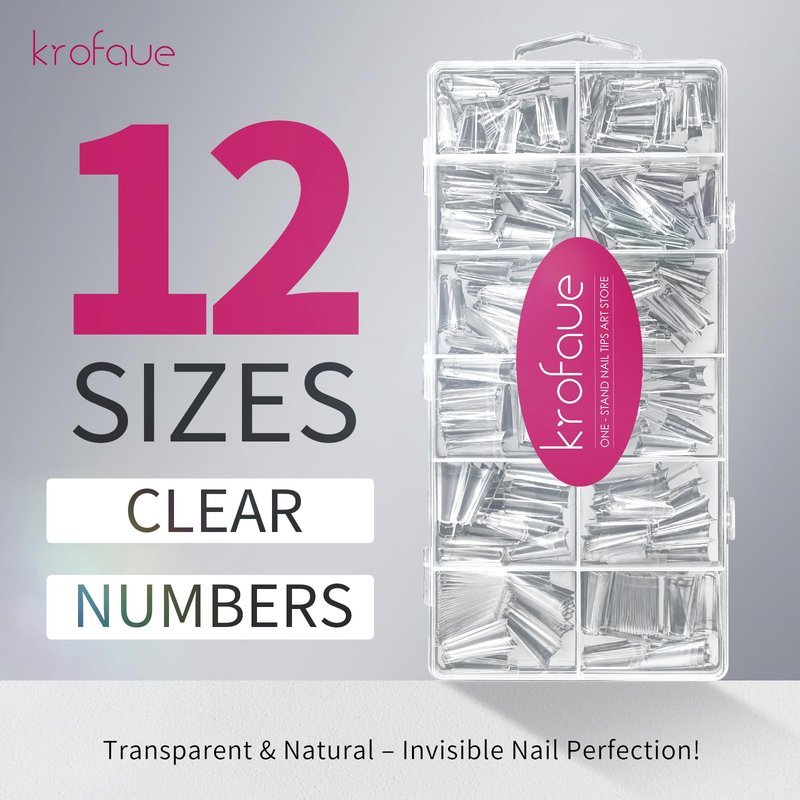krofaue 600PCS Half Cover Coffin Nail Tips - Acrylic Nail Tips 12 Size Clear False Nails Tips with Box for Nail Salons and Home DIY (Clear)