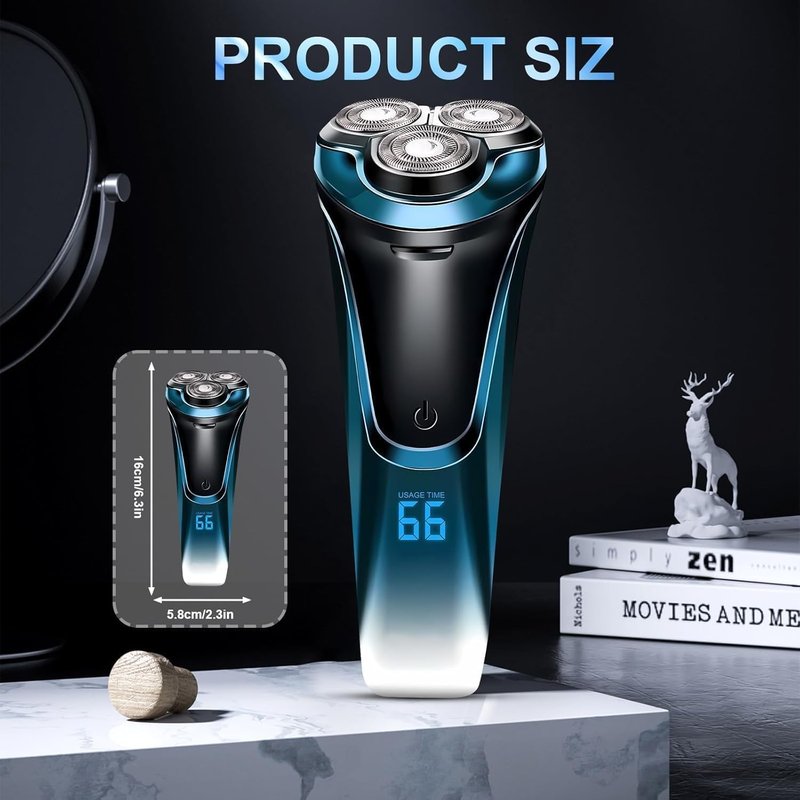 Electric Razor for Men - 4D Floating Head Rotary Shaver with LCD Display | Waterproof & Quiet Motor (Blue)