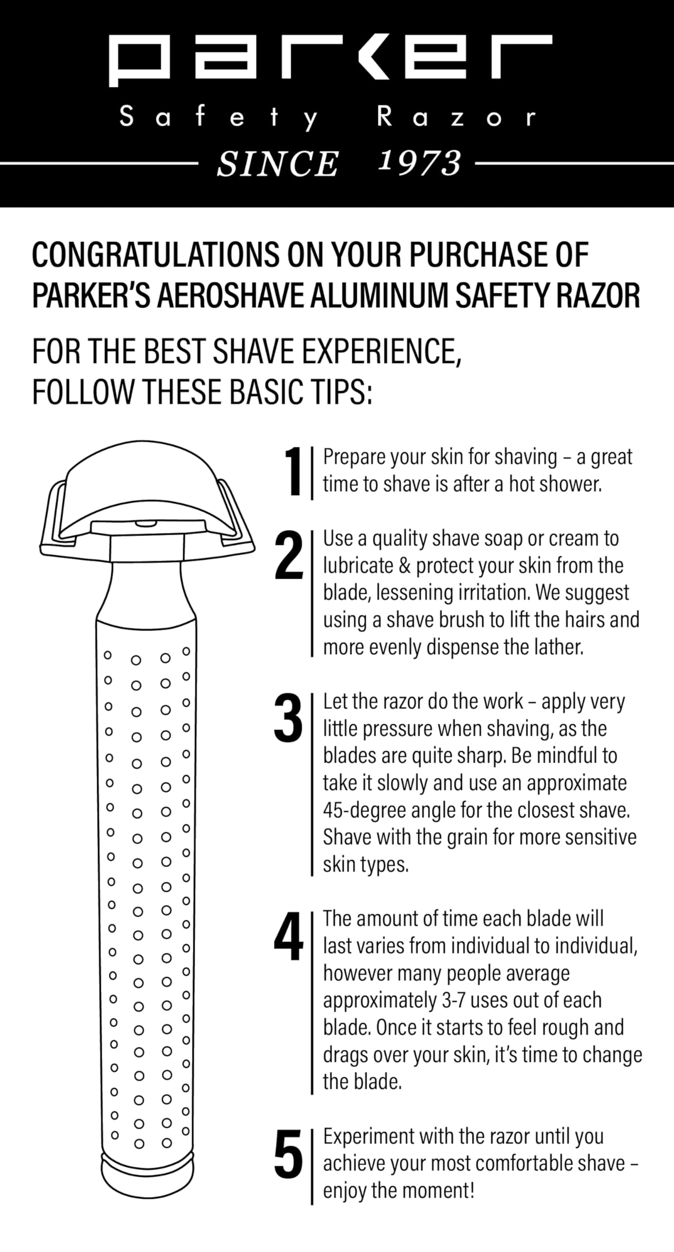 Parker Safety Razor - The AeroShave, Classic Length Handle-CNC Aluminum Double Edge Safety Razor & 5 Blades,- Precision Blade Exposure for a Comfortable Shave, For Men & Women. Mild Aggression