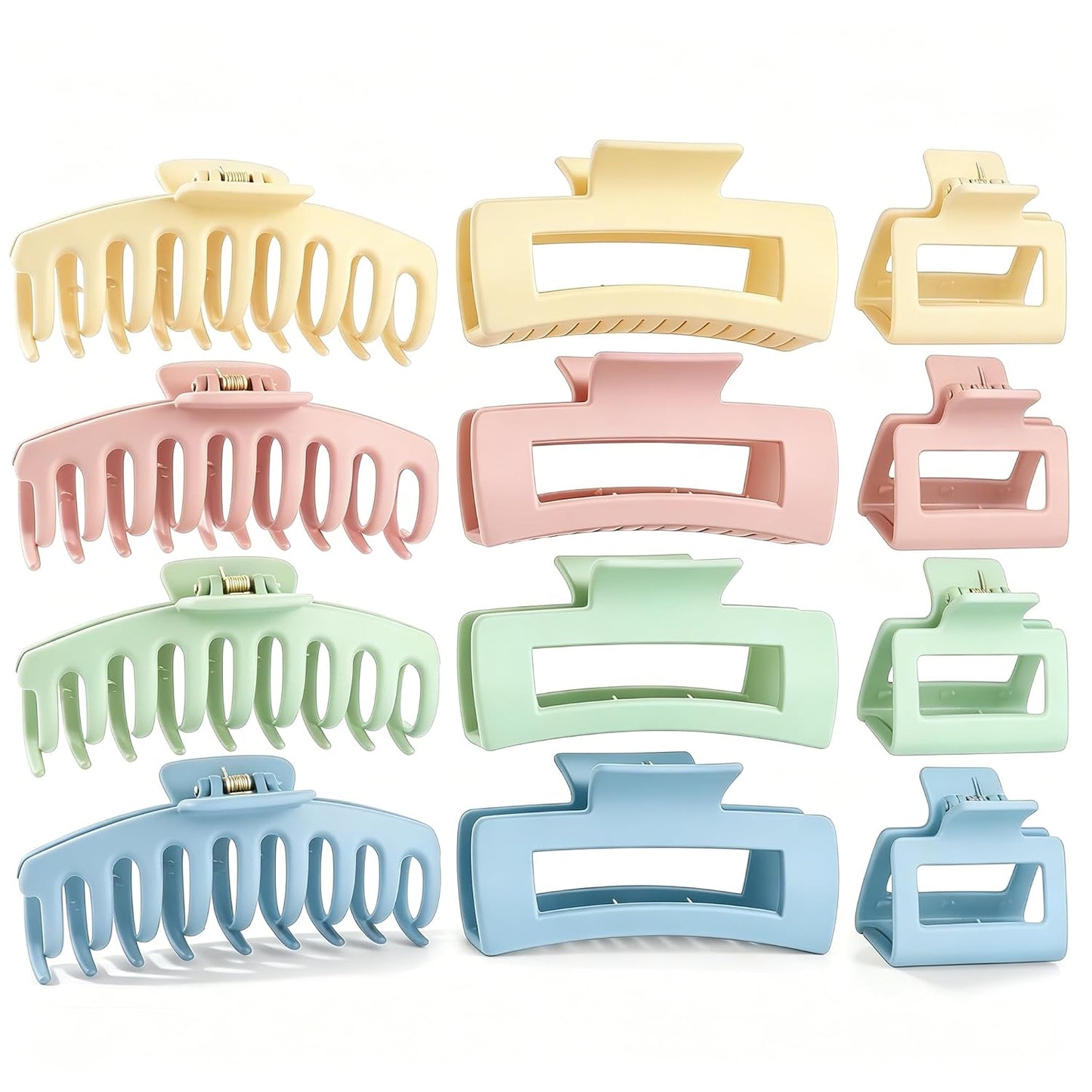 Matte Hair Claw Clips - 12 Pack Durable Non-Slip Hair Claws for Women | Small, Medium, Large - Black, Deep Blue, Light Blue, White