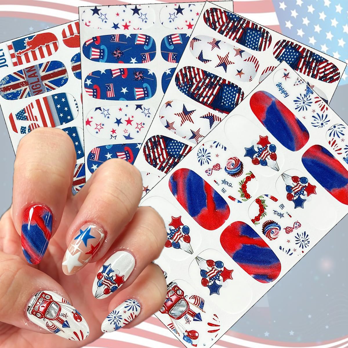 4th of July Gel Nail Stickers Star American Flag Design Independence Day Gel Nail Polish Strips Firework Balloon Patriotic Full Nail Wrap Decals Holiday Nail Strips Stickers for Women Manicure 4Sheets