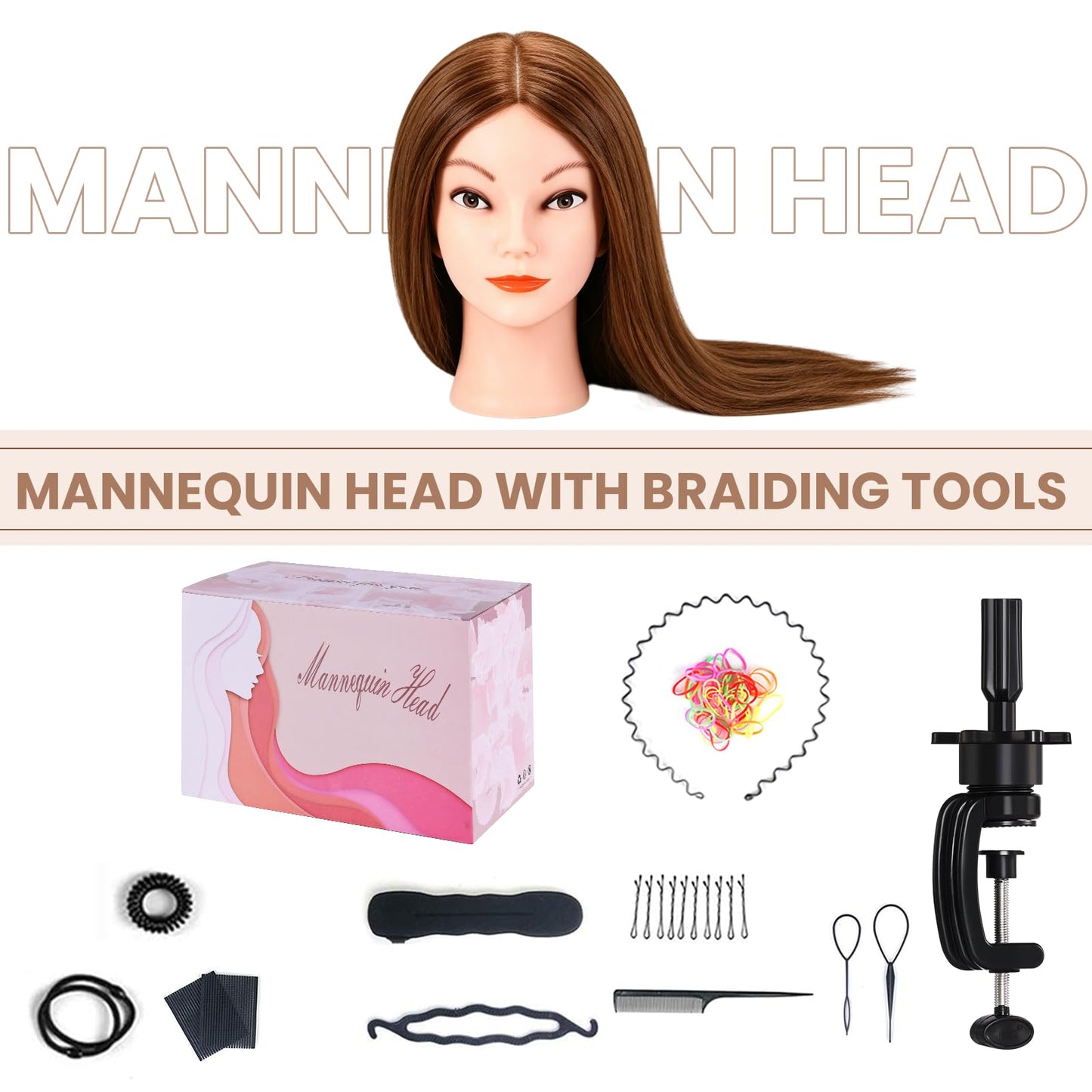 Mannequin Head with 100% Real Human Hair, Beauty Star Manikin Doll Head for Hair Styling, Cosmetology Hairdressing Training Practice Head with Clamp Stand and Braiding Accessories Kit (18" Dark Brown)
