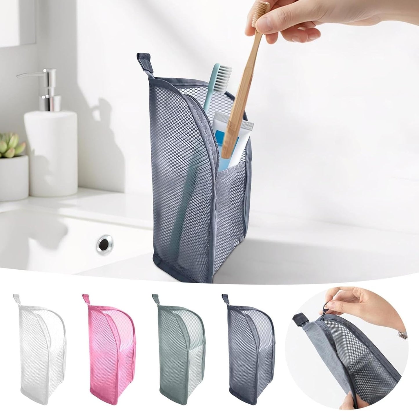 Portable Mesh Toiletry Bag - Lightweight Clear Hanging Organizer for Travel | EVA Cosmetic Storage (White)