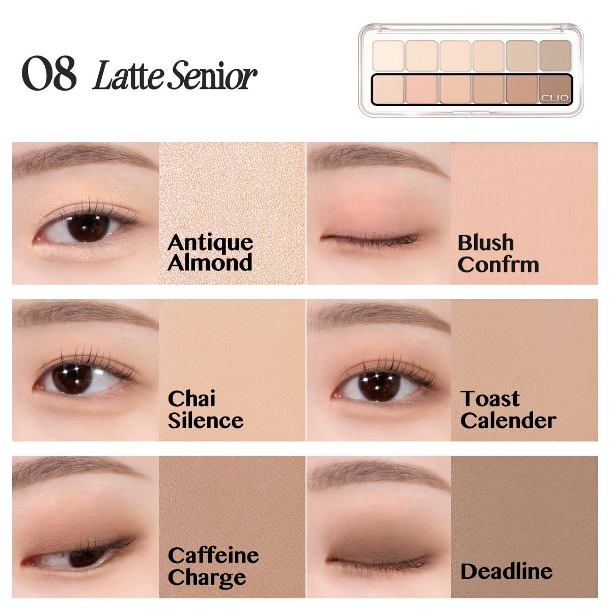 CLIO Pro Eye Palette Air, 12-Color Eye Shadow Palette, Matte Shimmer Mix, Air-Fit Blendable Pigmented Buildable Color, Low Fallout, Warm Brown Nude Neutral Tone, Daily Korean Makeup (08 LATTE SENIOR)