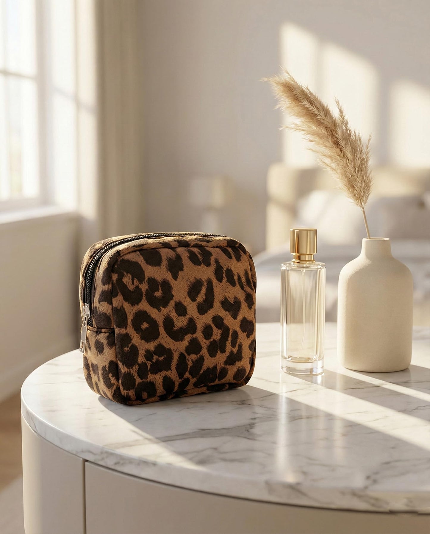 AGBIADD Fabric Leopard Print Makeup Bag Travel Cosmetic Case Soft Toiletry Bag with Zipper, Portable Make Up Organizer Traveling Compact Car Bag for Essentials (Brown)