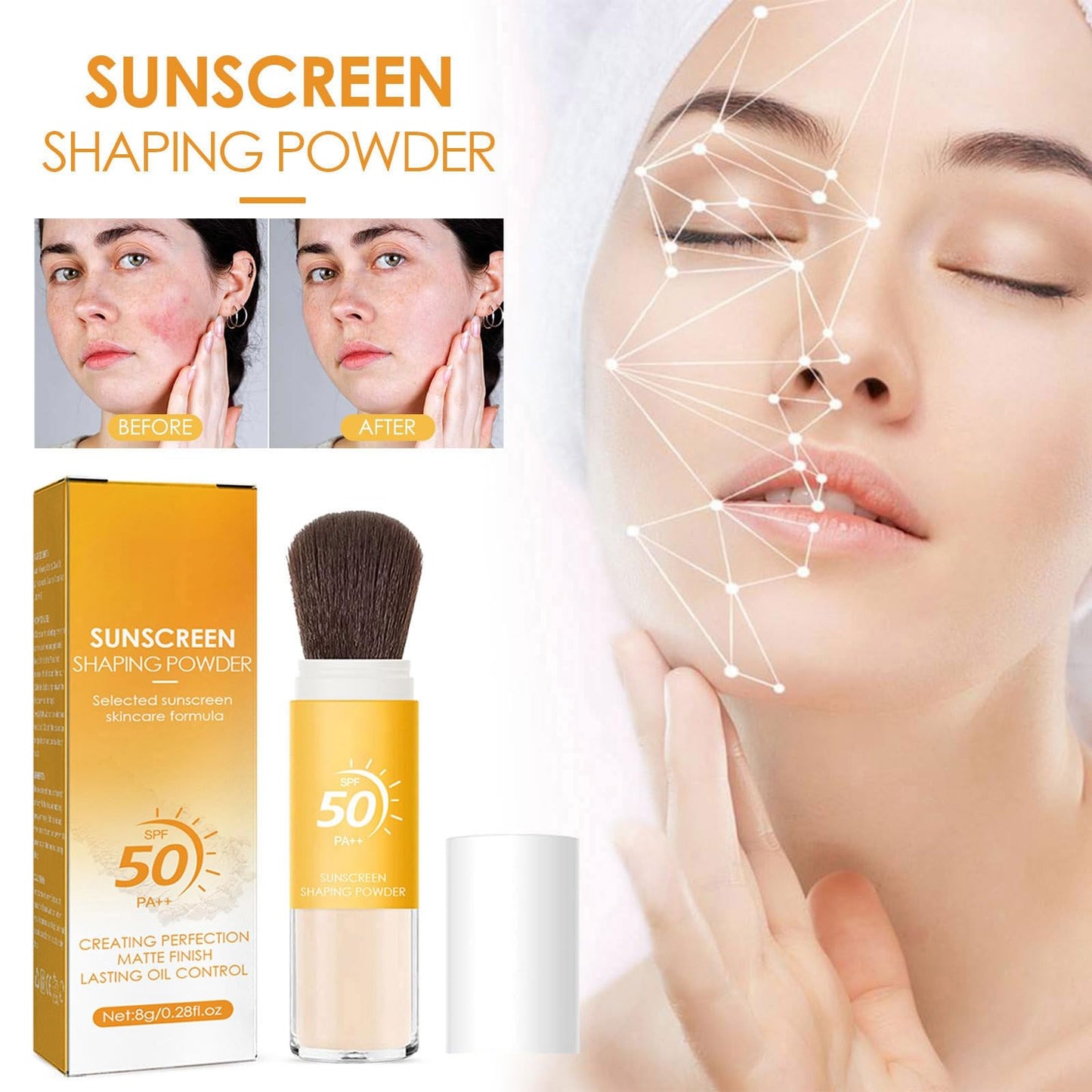 Setting Powder Sunscreen Face Powder, SPF 50, Translucent, Mineral Brush Finishing Powder, Oil Control, Spf Powder, Matte Finish Loose Powder Makeup for Women Man Cosmetic Gifts