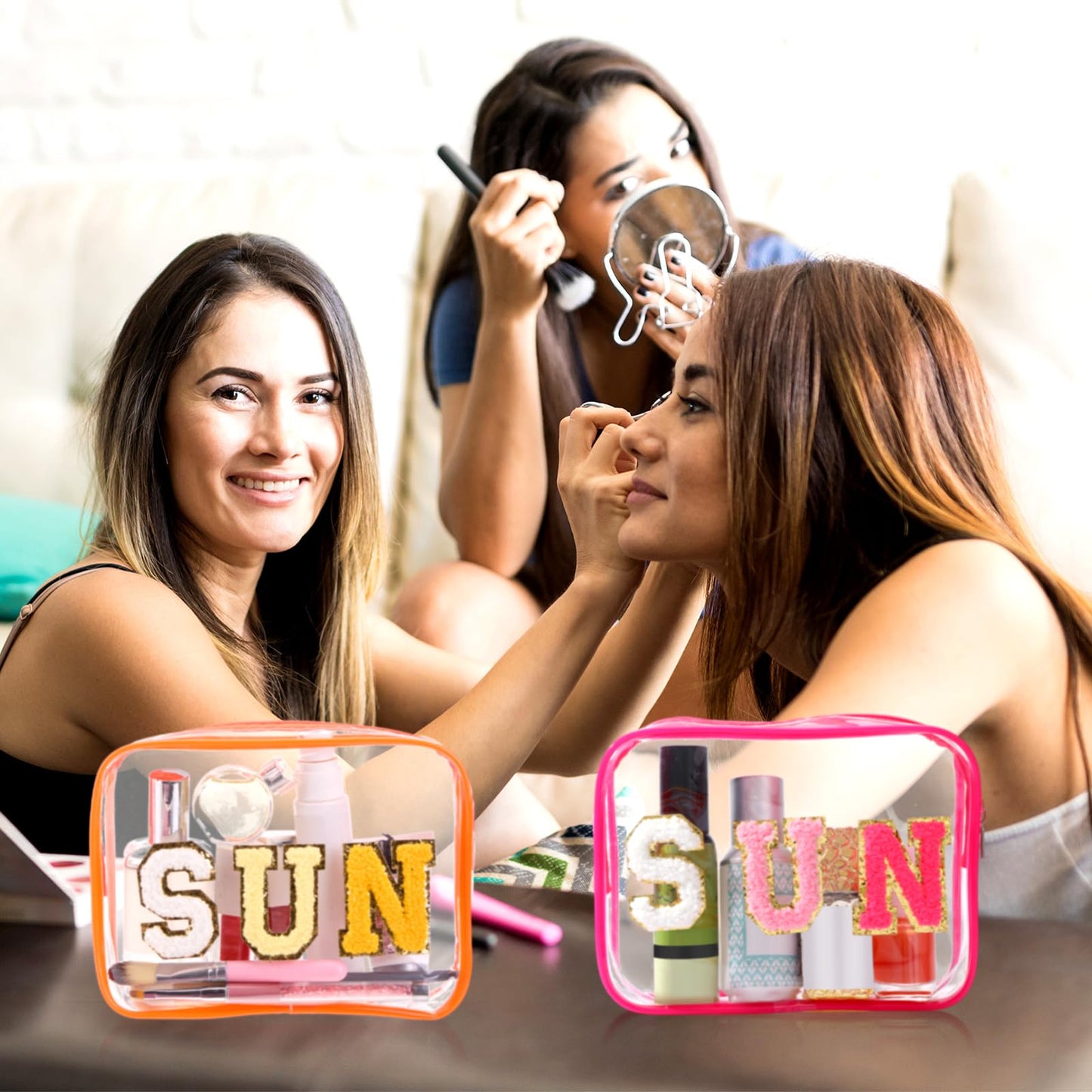 Kacctyen 8 Pcs Clear Makeup Bag Bulk Summer Beach Sunscreen Pouch Waterproof Toiletry Cosmetic Zippered Organizer with Preppy Chenille Letter Patch (Sun,Clear,Blue,Purple,Rose Pink,Orange)