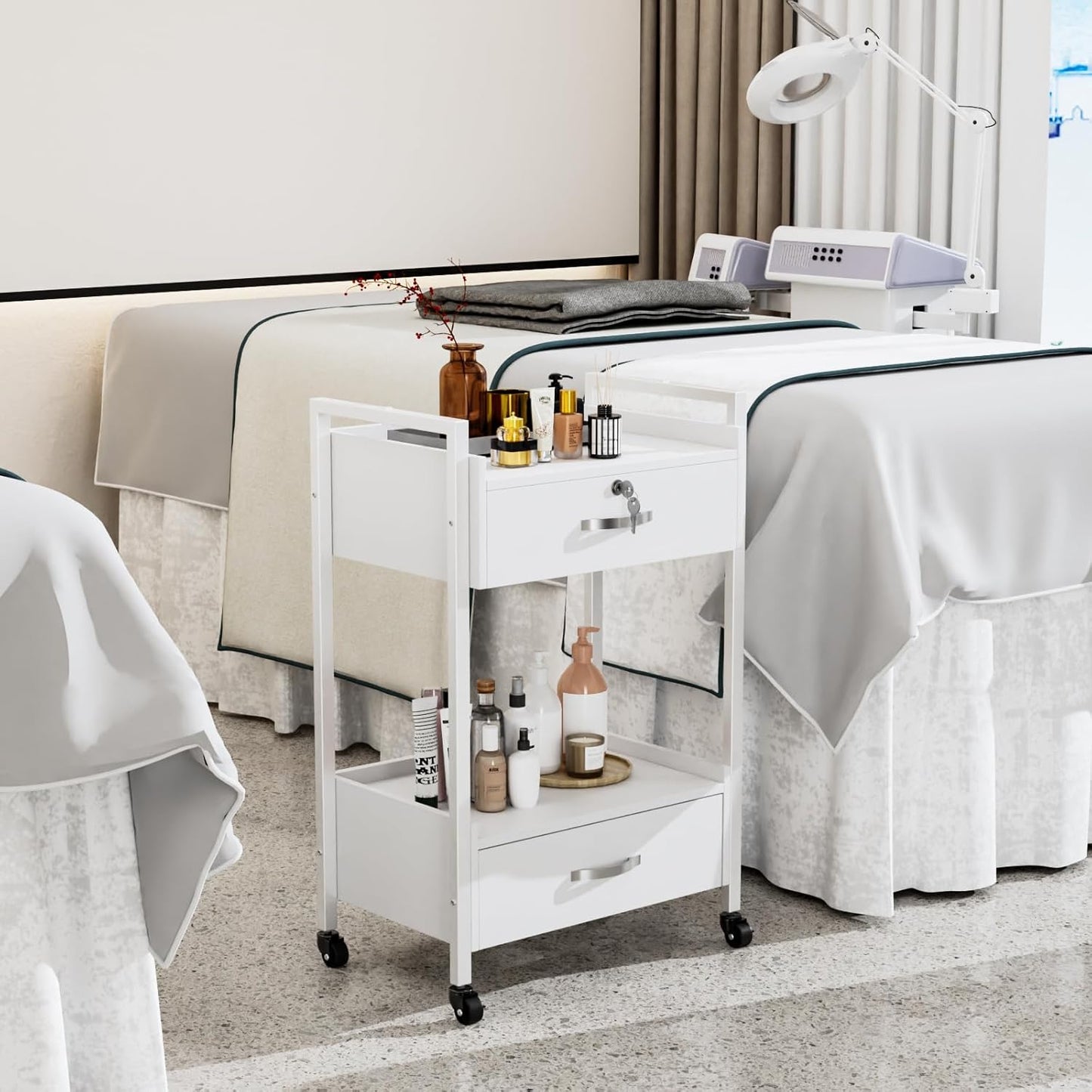 OmySalon Salon Trolley Cart - Mobile Beauty Spa Organizer with 2 Drawers & 2 Trays | White