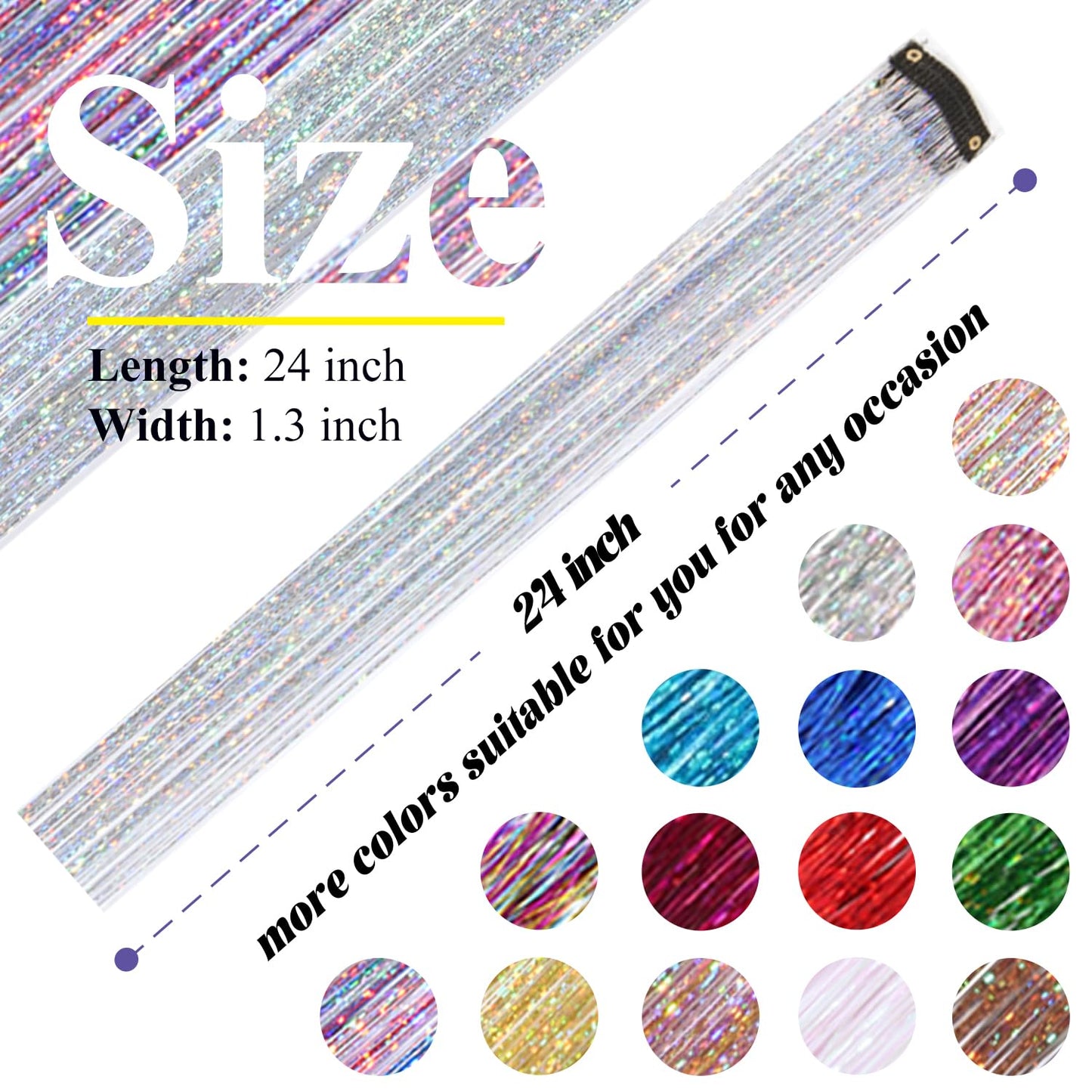 Hair Tinsel Clip-In Extensions - 12 Pcs 24 Inch Silver Glitter Strands for Girls & Women | Perfect for Christmas & Festivals