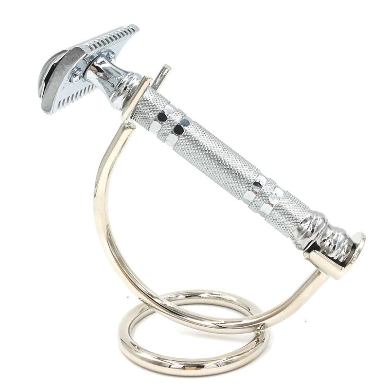 Super Safety Razors, Curved Chrome Razor Stand โ All-Metal Chrome-Plated Holder for Safety Razors with Handle Length 80 mm & Up โ Sleek Finish & Sturdy Design