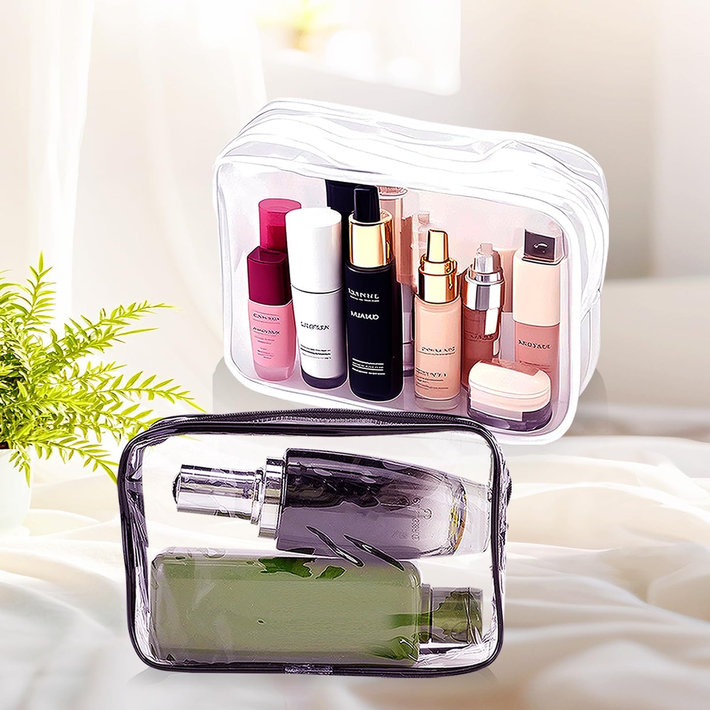 QLFJ-FurDec 24 PCS Clear Makeup Bag with Zipper, Waterproof Transparent Toiletry Bag Organizer, PVC Portable Cosmetic Bags for Women Men Traveling Vacation Bathroom Home (Black)