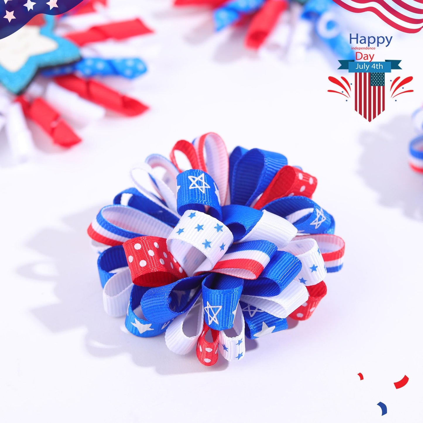 OAOLEER 4th of July American Flag Hair Bow Clips, Blue White Red Grosgrain Ribbon Alligator Bow, Kids Girls Women Hair Accessories For Party Supplies (Blue White Red-B)