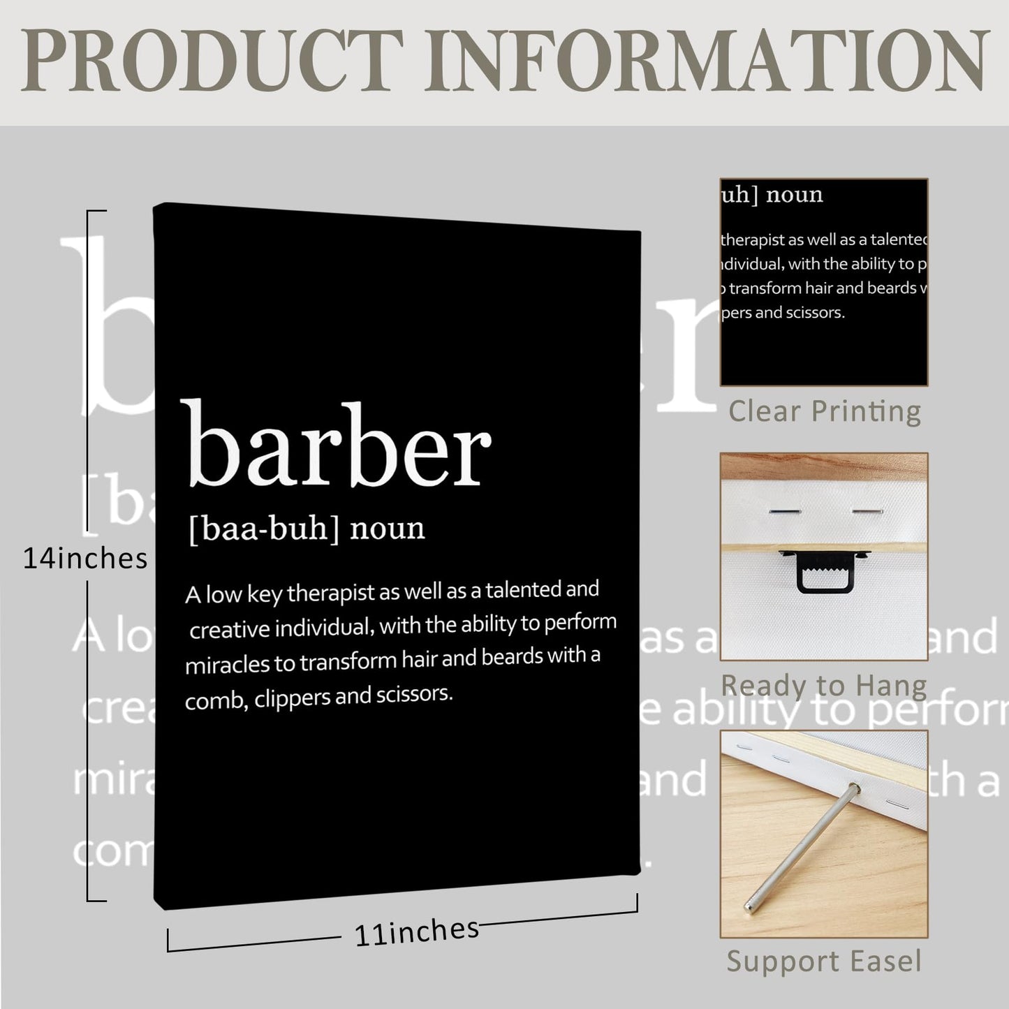 PHAMTE Barber Definition Wall Art, Barber Shop Decor, Modern Barbershop Barber Quote Print Framed Canvas Painting Artwork For Home Office Living Room Salon Barbershop Decor(11x14 Inch) (Black)