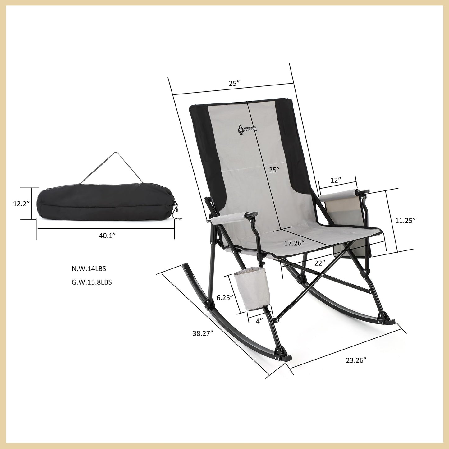 ARROWHEAD OUTDOOR Foldable Rocking Camp Chair with Large Cup Holder, Side Pocket, Space-Saving Folding, Enhanced Swinging Rocker for Camping, Fishing, Patio