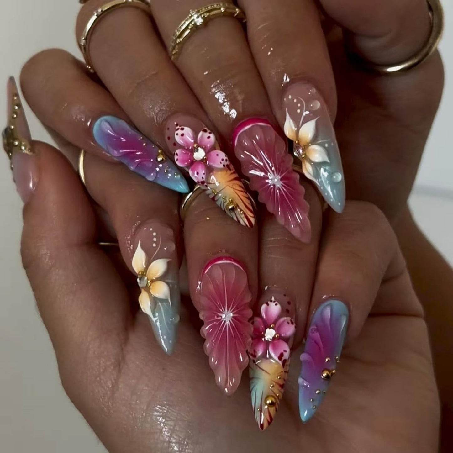 Almond Press-On Nails - Ombre French Tip with Butterfly Designs | 24 Pcs Set for Women