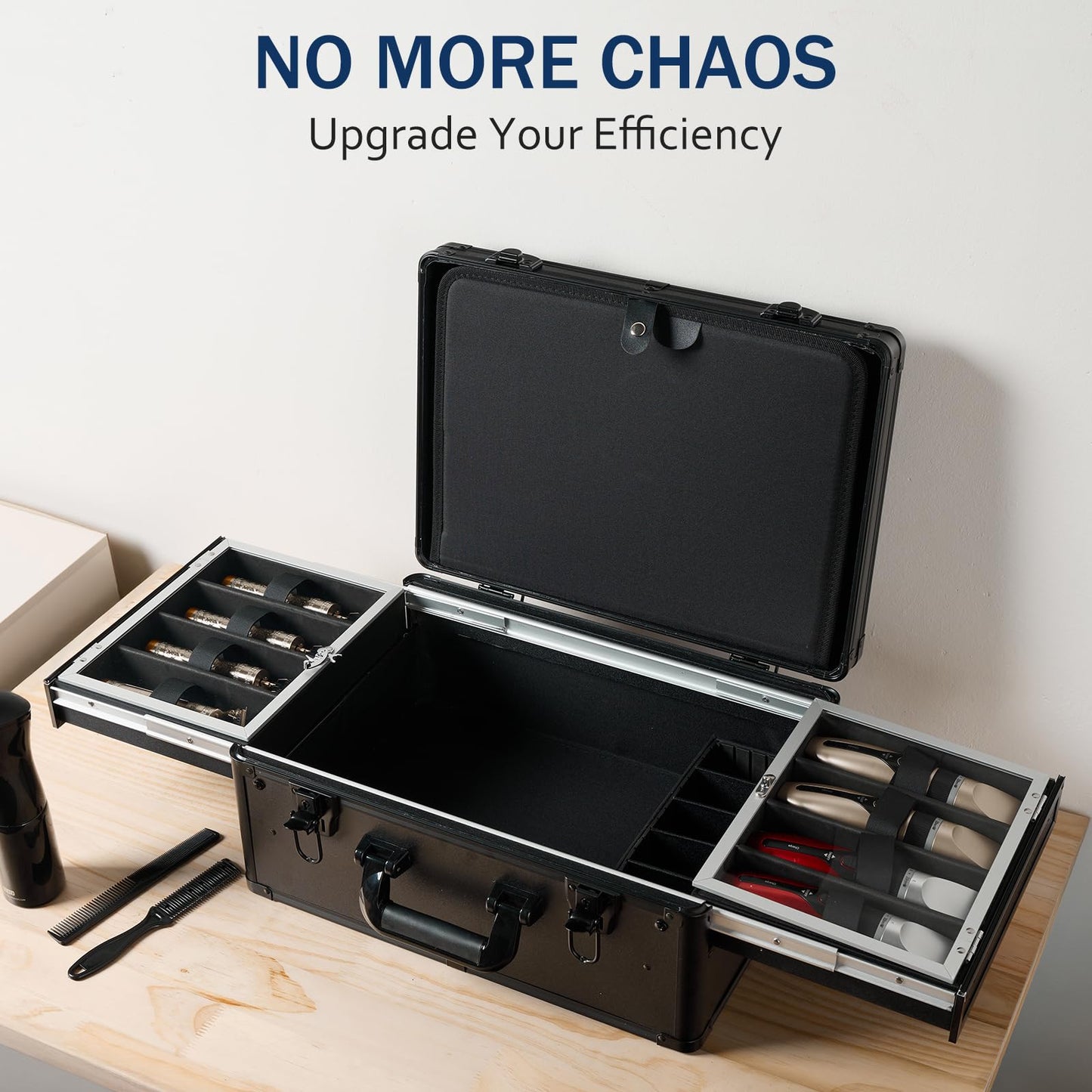 MoyRetty Professional Barber Case with Cap Clear dustproof, Barber Suitcase 6 Clipper Slots & 8 Shear Holders, 17.13" Portable Aluminum Organizer for Hair Stylists & Pet Groomers