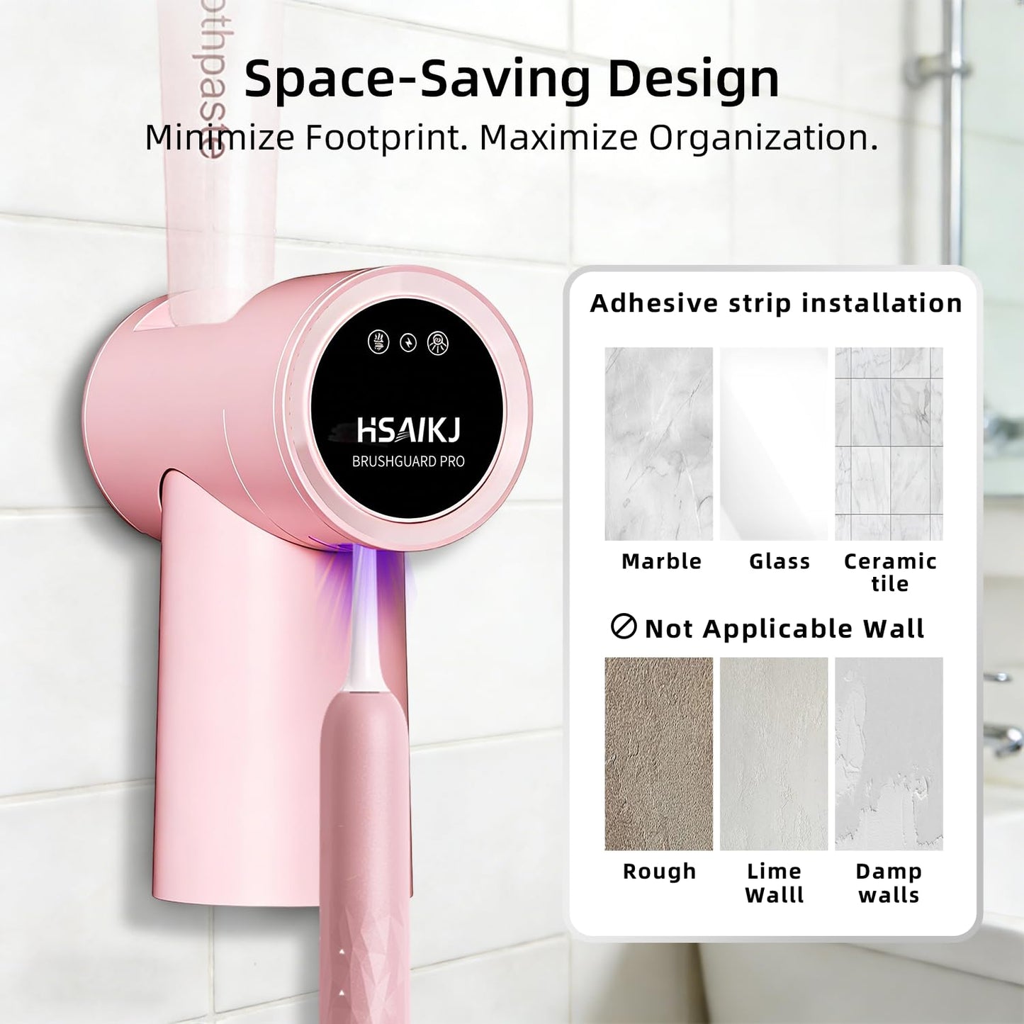 Wall Mounted Toothbrush Holder for Bathroom, 3-in-1 Electric Toothbrush Organizer for Personal Use, Smart Sensor Lid, Fast Drying, Aesthetic Bathroom Organizer with Magnetic Cup (Pink)