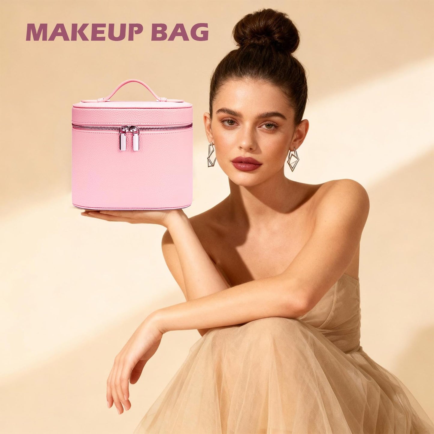 JOVOLIFE Makeup Case, Large Capacity Leather Makeup Bag with Removable Washable Compartment, Portable Waterproof Leather Cosmetic Case, Multi-functional Travel Organizer, Pink