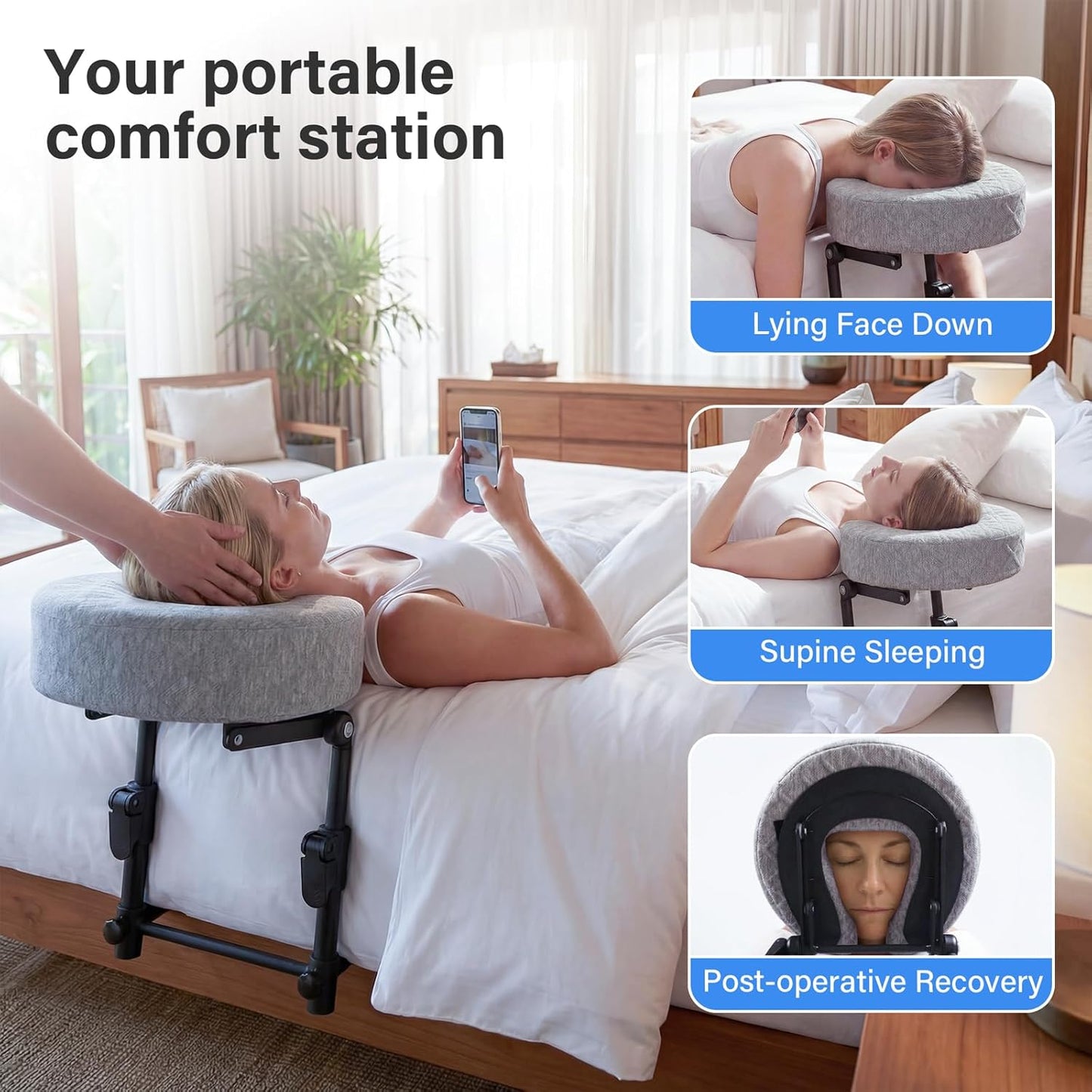 Portable Massage Headrest - Adjustable Face Cradle with Memory Foam for Home Spa | Fits 6-17” Mattresses, Grey