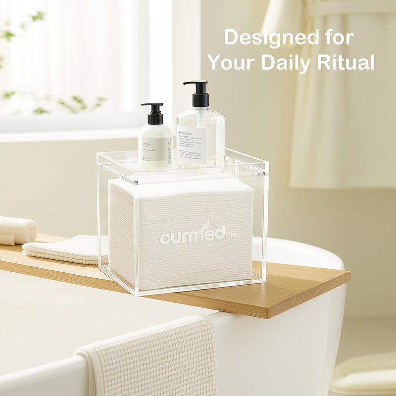 Clear Acrylic Face Towel Holder - Bathroom Organizer Box with 50 Disposable Facial Towels Included | Countertop Storage Solution