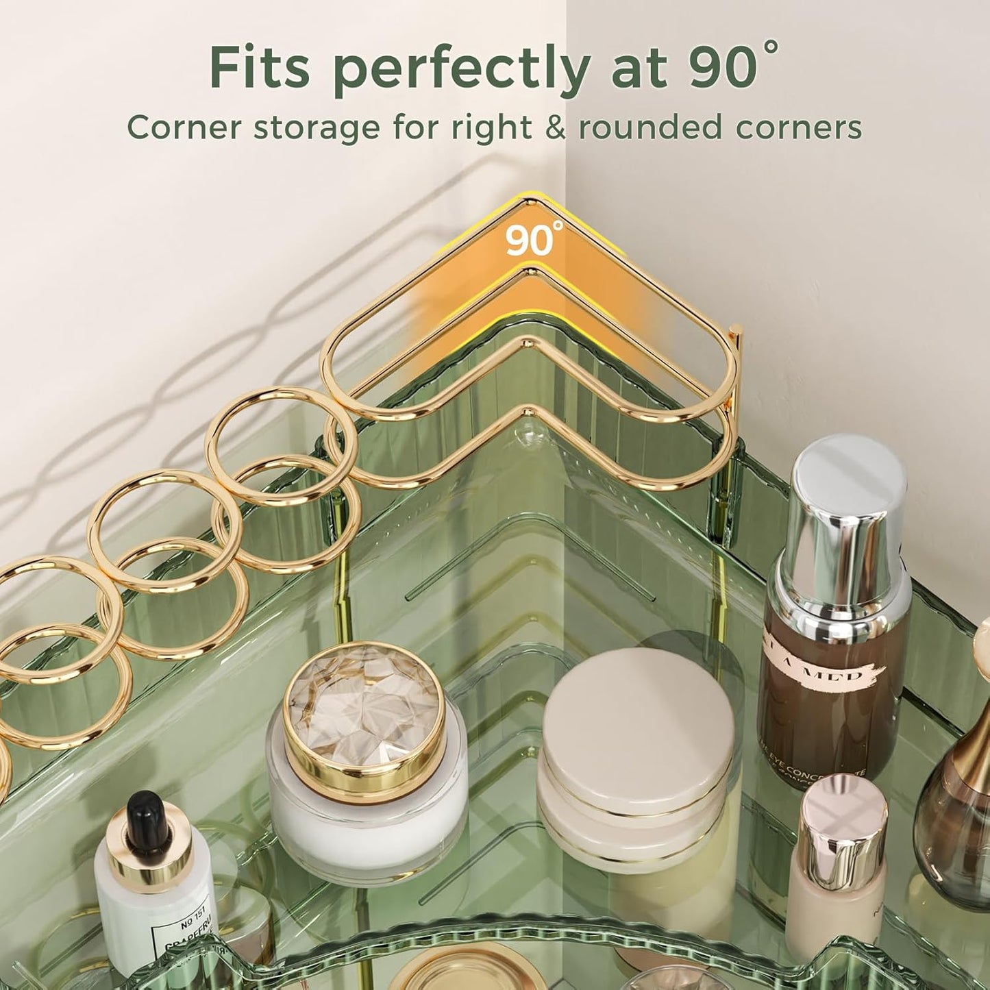 Corner Bathroom Counter Organizer - 2-Tier Makeup & Skincare Storage with Brush Holder | Green