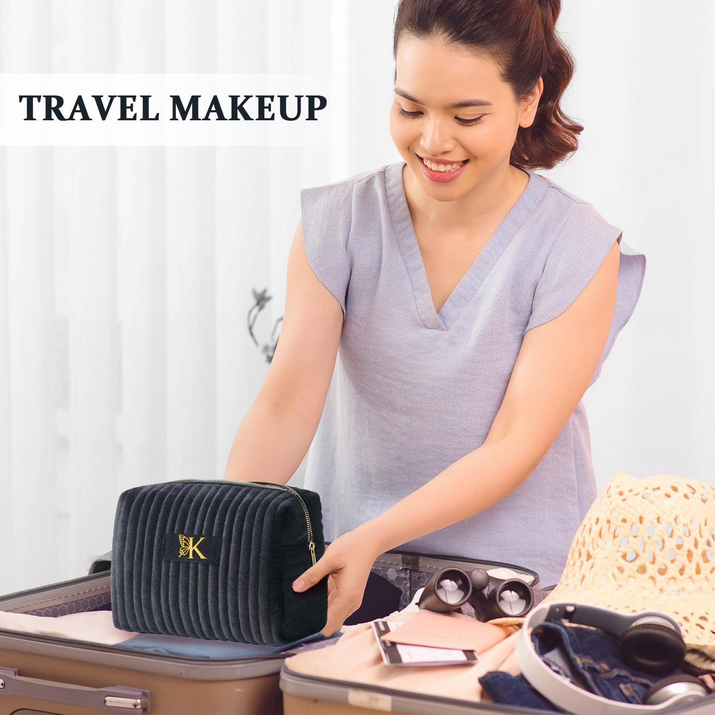 COSHAYSOO Birthday Gifts for Teens College Big Sister Girls Trip Gifts Favors Travel Makeup Bag Quilted Make Up Pouch Initial Velvet Cosmetic Case with Butterfly Decorations for Women Black Letter V