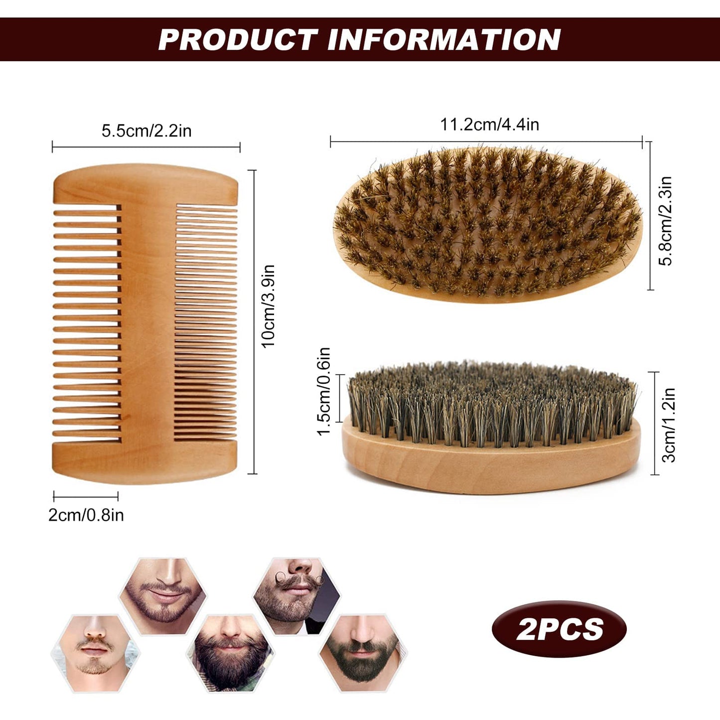 Wooden Beard Grooming Set, 2-Piece Boar Bristle Brush and Comb Kit for Men's Facial Hair Care and Styling