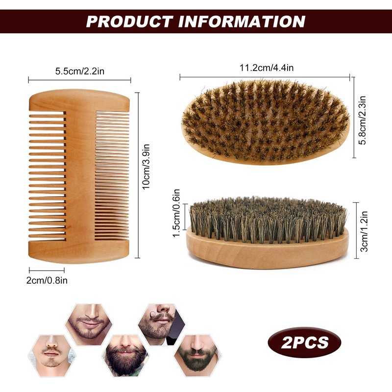 Wooden Beard Grooming Set, 2-Piece Boar Bristle Brush and Comb Kit for Men's Facial Hair Care and Styling