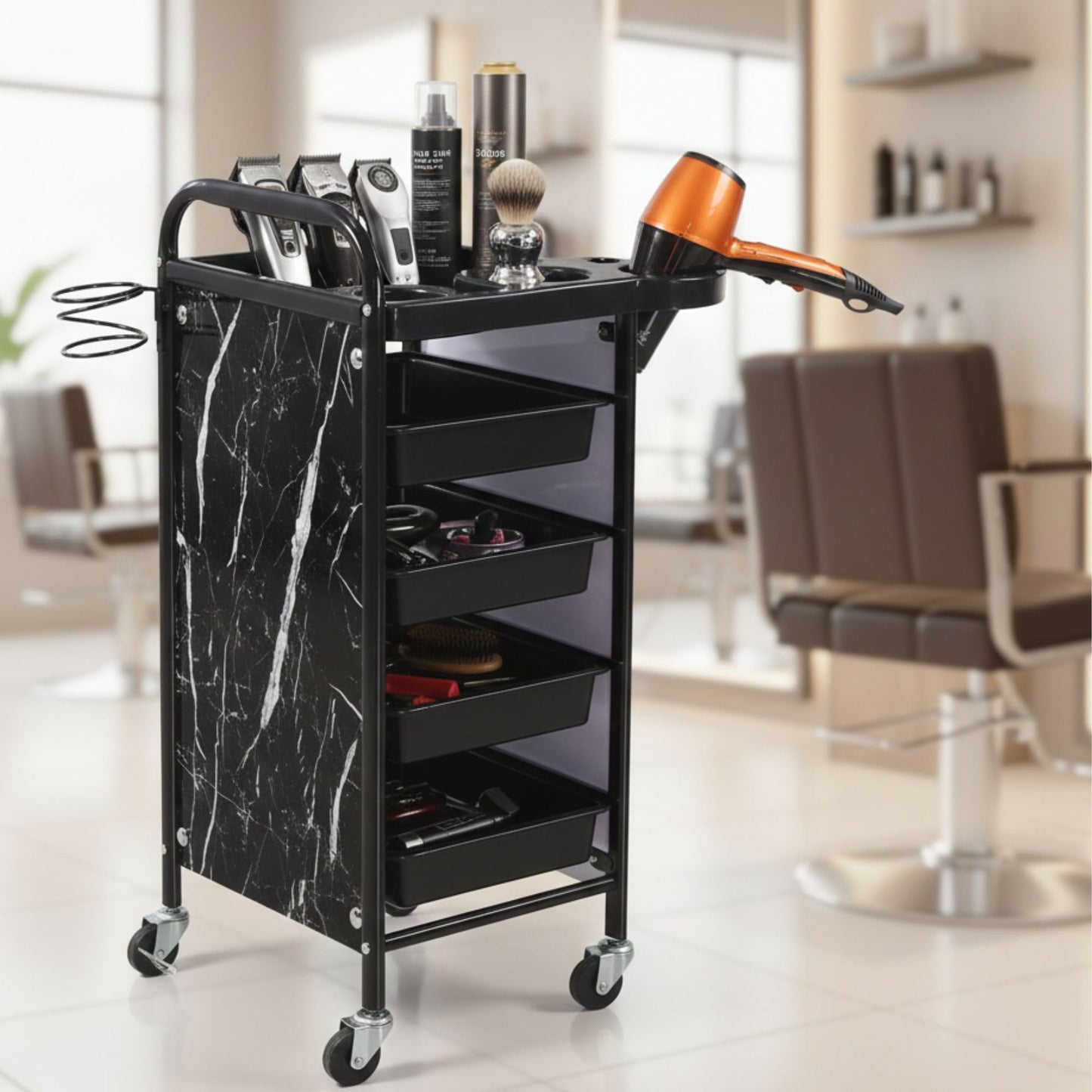 Salon Trolley Cart with 5 Layers – Durable Black Metal Salon Cart with Smooth Wheels, Spacious Storage Trays, and Stable Design – Perfect for Barbers, Stylists & Beauty Salons