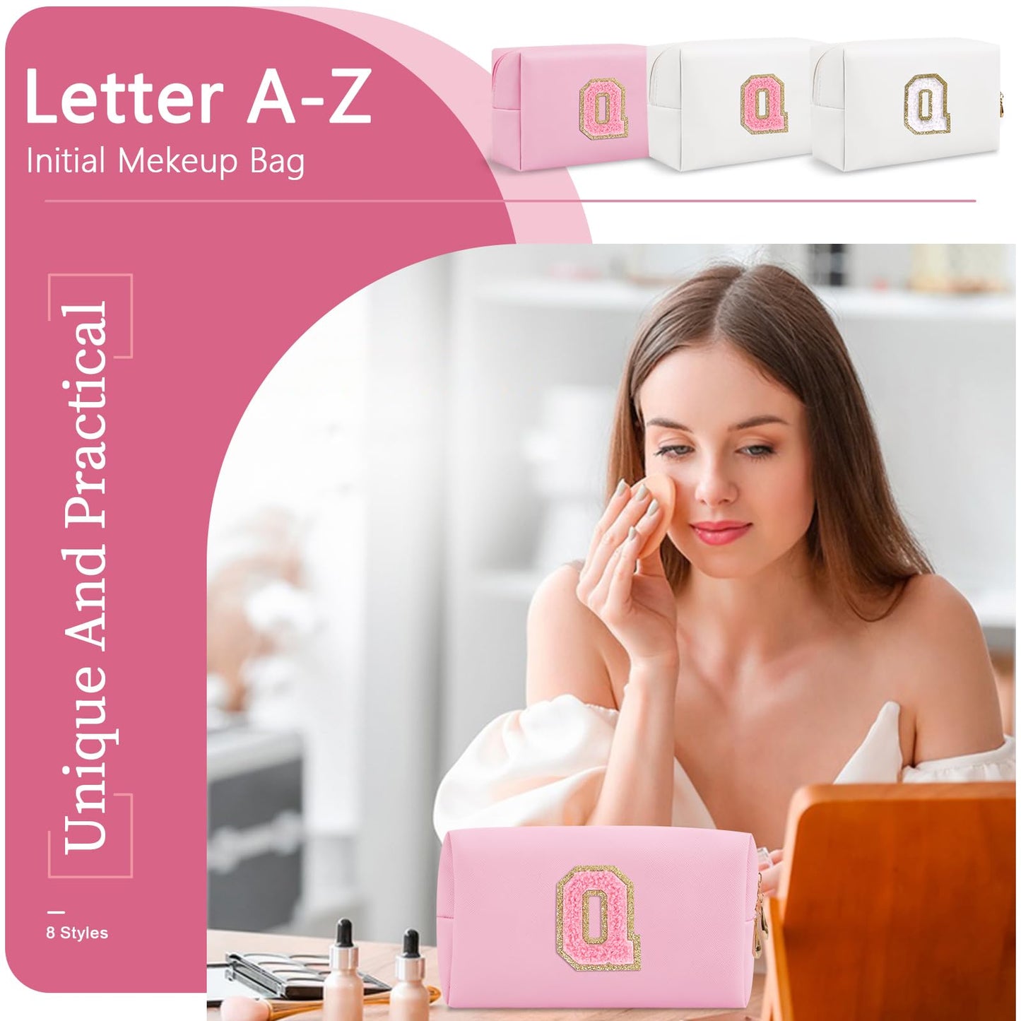 Personalized Initial A-Z Preppy Patch Makeup Bag,Small PU Leather Chenille Letter Cosmetic Bag with Zipper for Teen Girls,Pink Cute Travel Toiletry Bag,Birthday Monogrammed Gift for Daughter,Letter Q