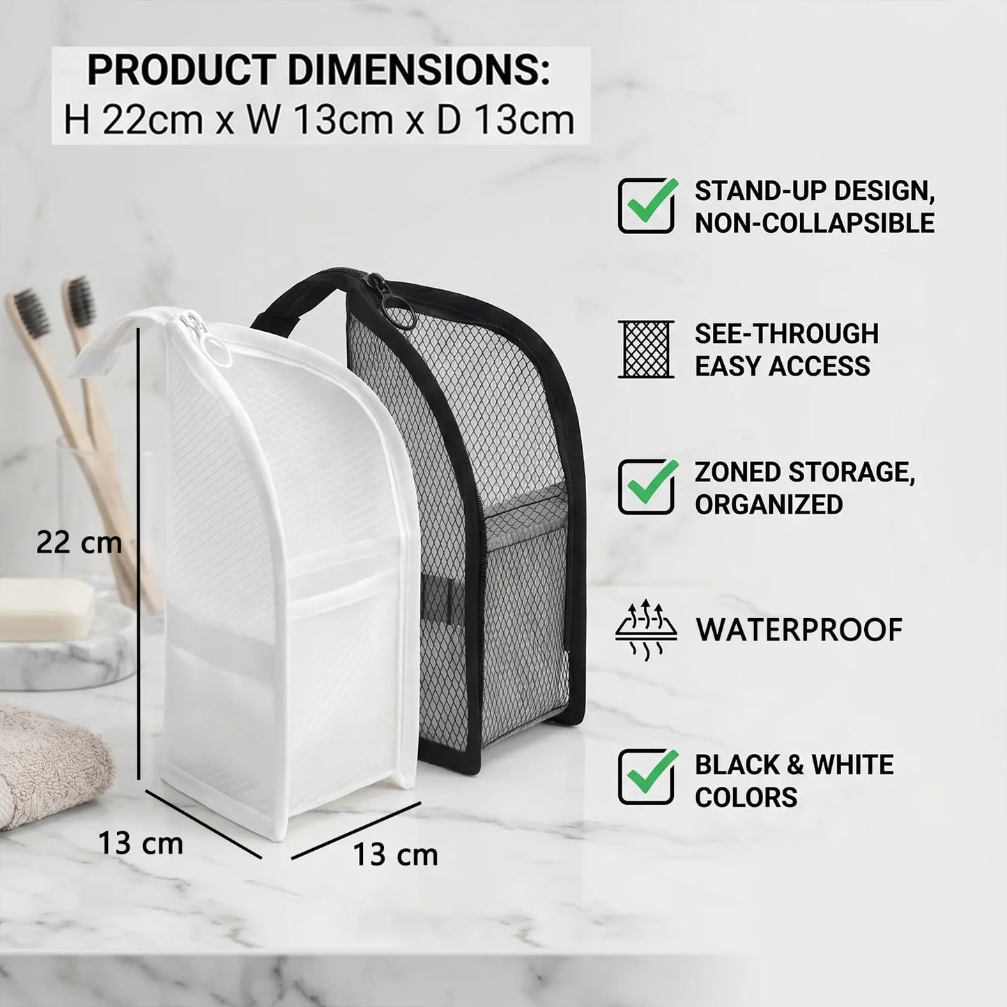 Cyhdddr 2Pcs Standing Toiletry Bag, Upright Travel Toiletry Bag Waterproof Portable Makeup Cosmetic Bag, Translucent Mesh Travel Bag for Toiletries, Standing Makeup Bag
