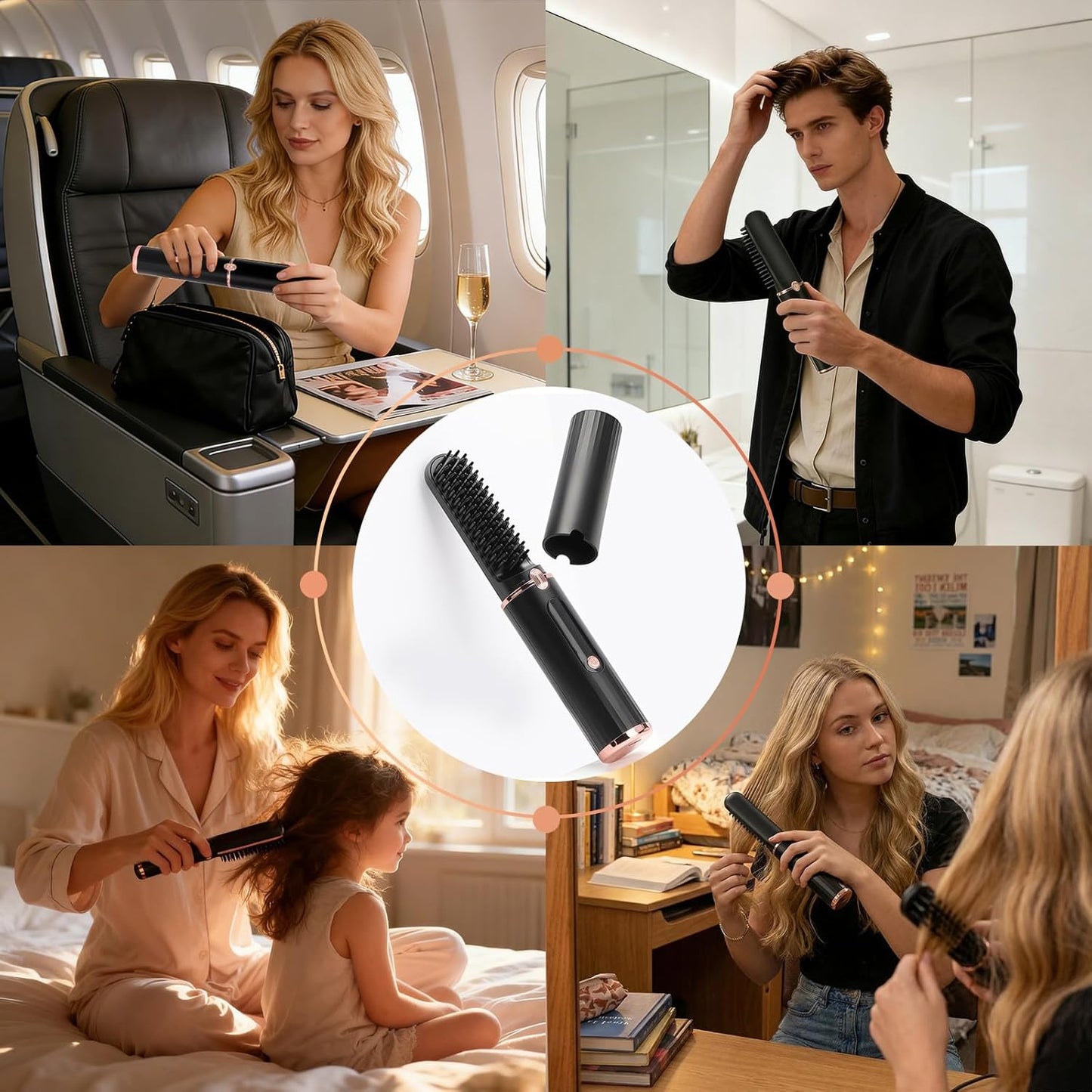 Cordless Hair Straightener Brush - Fast Heating Ionic Hot Brush | Adjustable 320℉-390℉, Portable & Anti-Scald for Travel