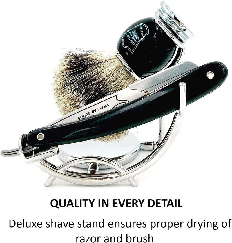 Parker SRB Replaceable Blade Straight Edge Barber Razor Shave Set - Includes Parker 100% Pure Badger Brush, Low Profile Chrome Shave Stand