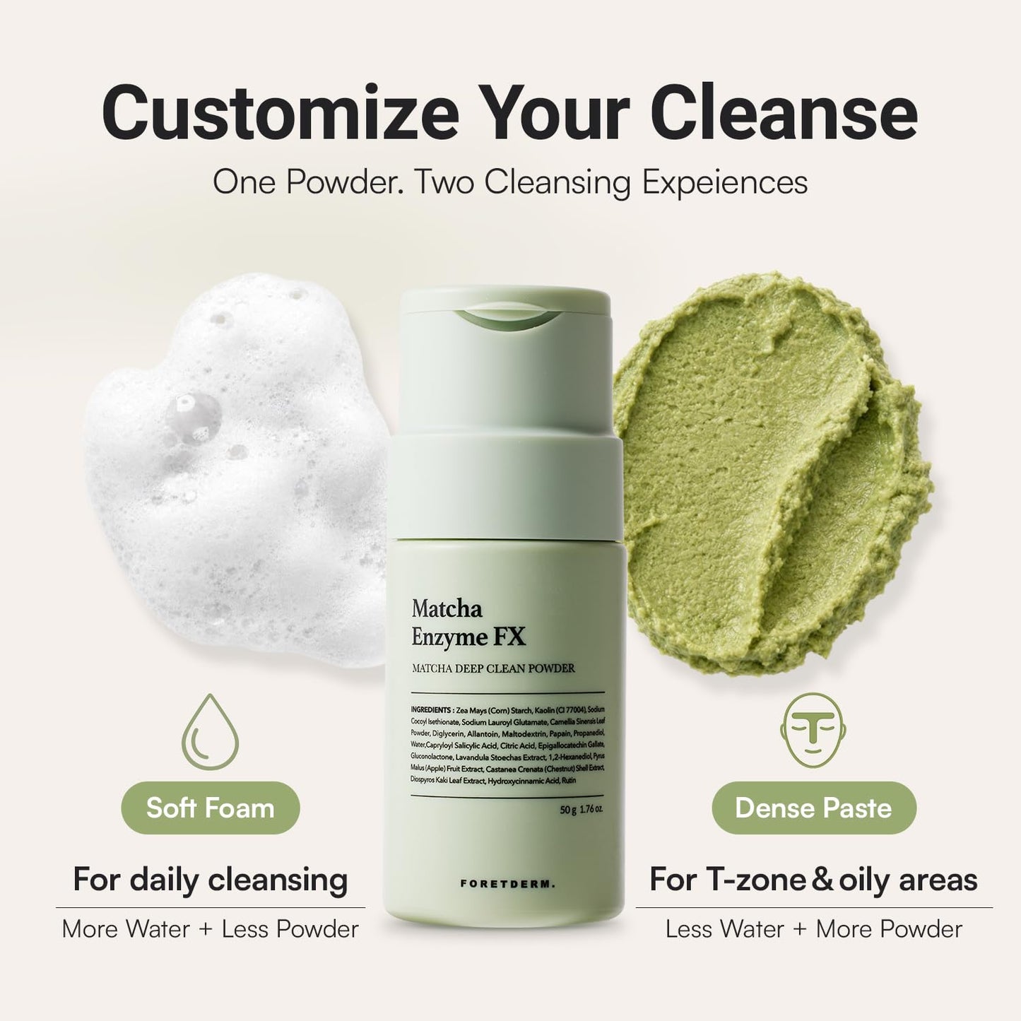 Enzyme Powder Face Wash - Gentle Powder to Foam Cleanser with Matcha & Green Tea | 1.76 Oz for Sensitive Skin