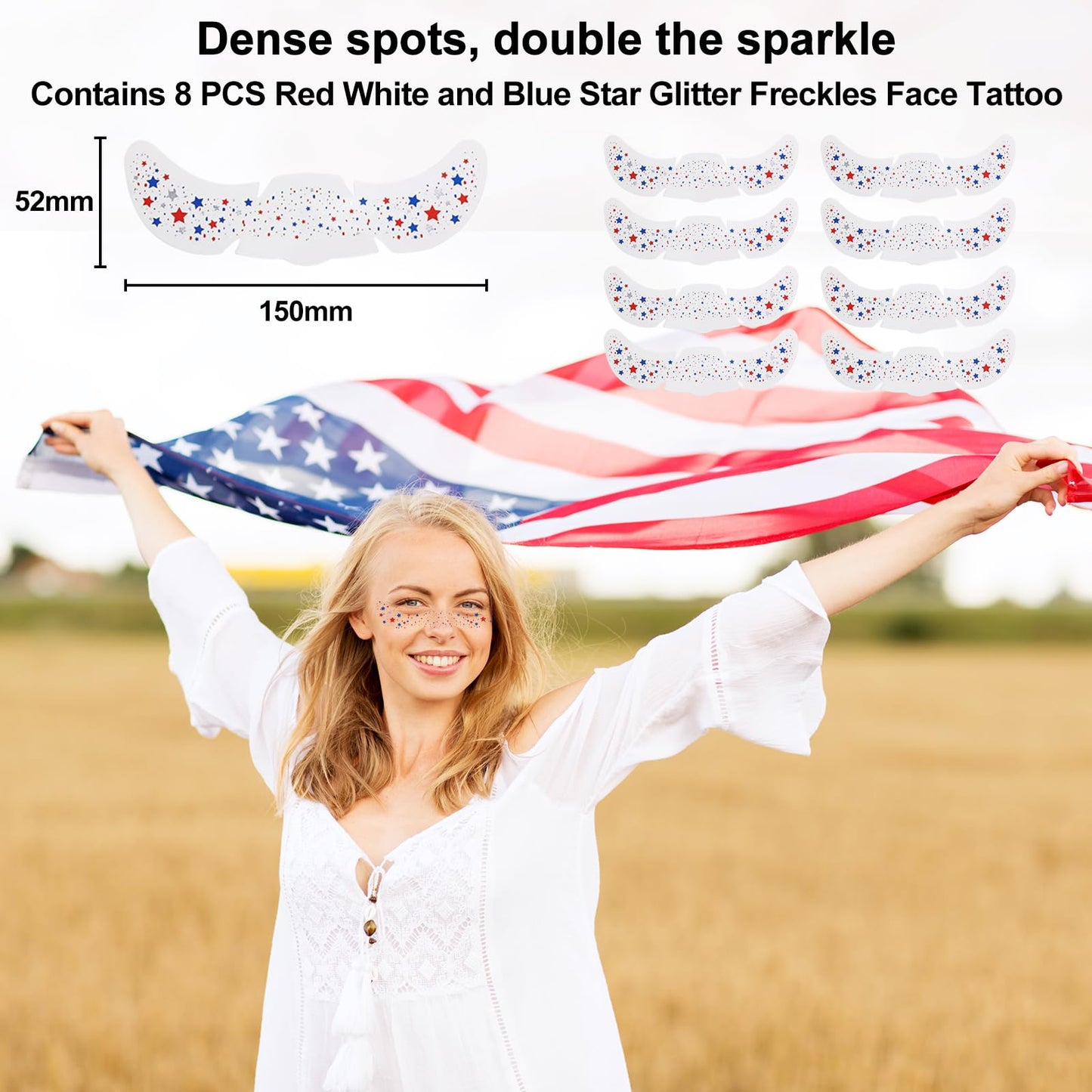 KALYFADIO 8Pcs 4th of July Face Tattoos,Red White and Blue Accessories,Glitter Freckles Face Tattoo,Patriotic Fourth of July Outfit for Women,USA Flag Star Freckles for Independence Day