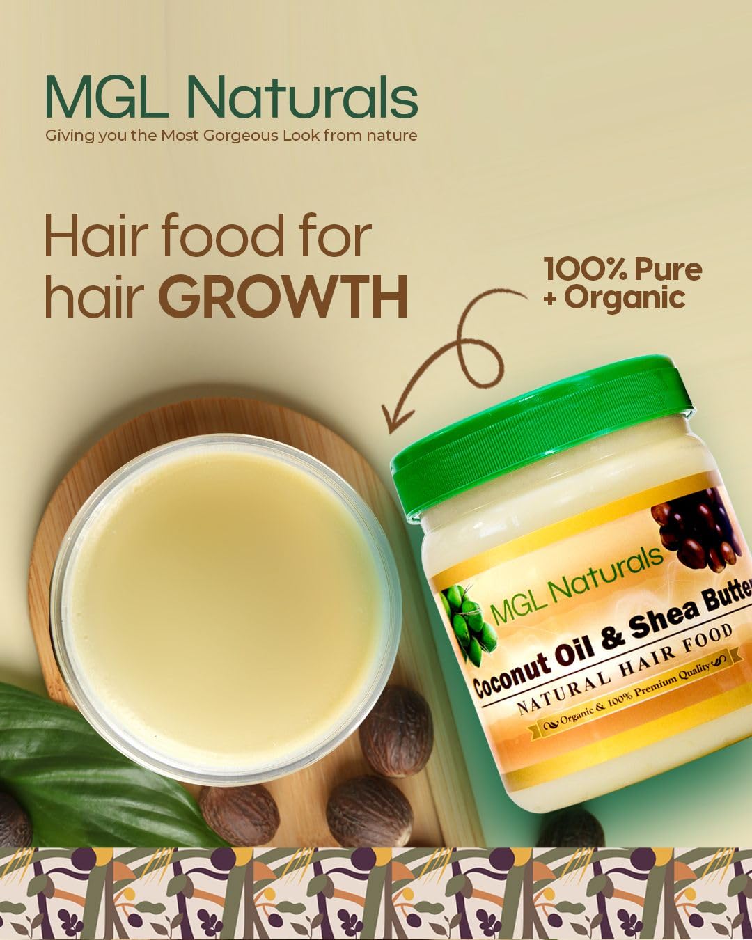 MGL Naturals Coconut Oil and Shea Butter Natural Hair Food made with organic ingredients. Nourish and moisturize hair.