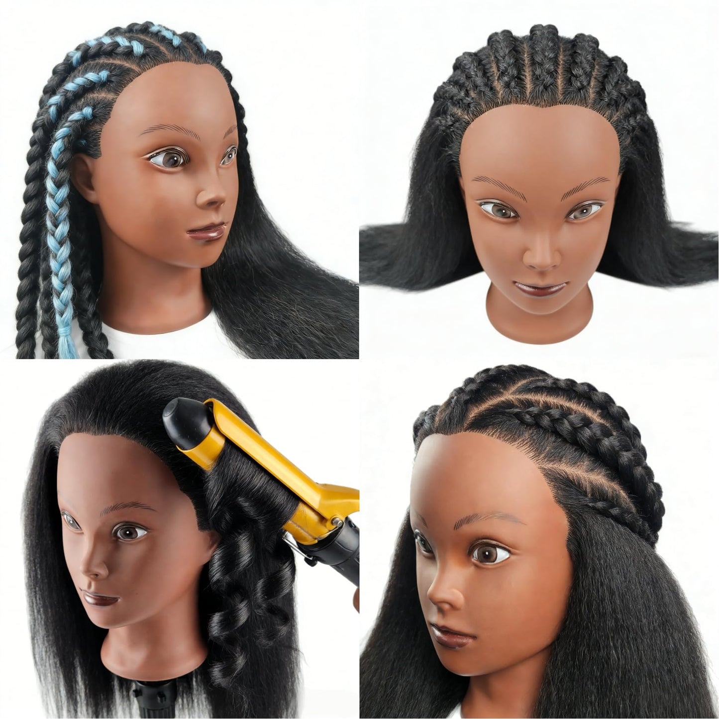 Yiifiulyn African Mannequin Head with 100% Real Hair, Black Mannequin Head for Hairdresser Practice Braiding - Doll Head for Hair Styling Kids